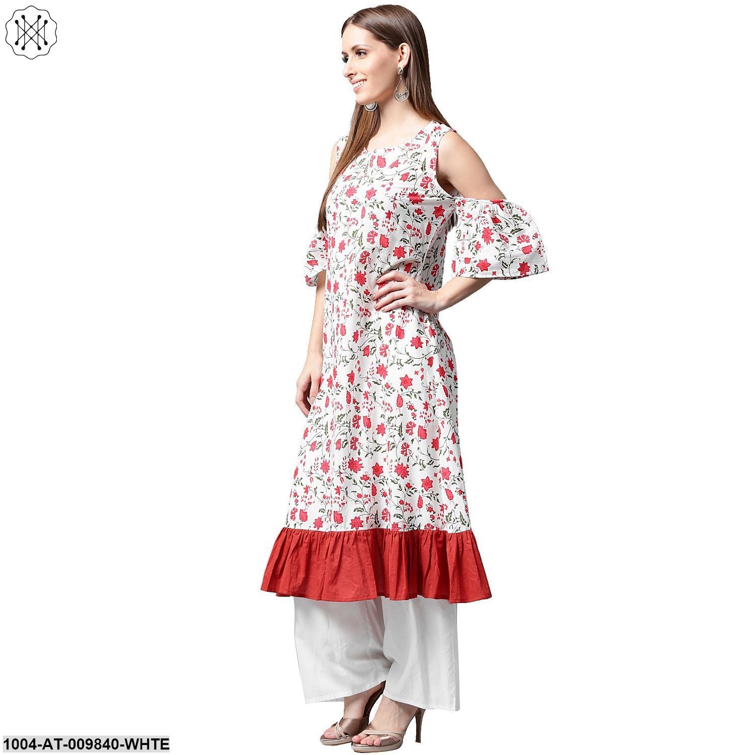 White Flower Printed Half Sleeve Cold Shoulder Cotton A-Line Kurta - Image 4