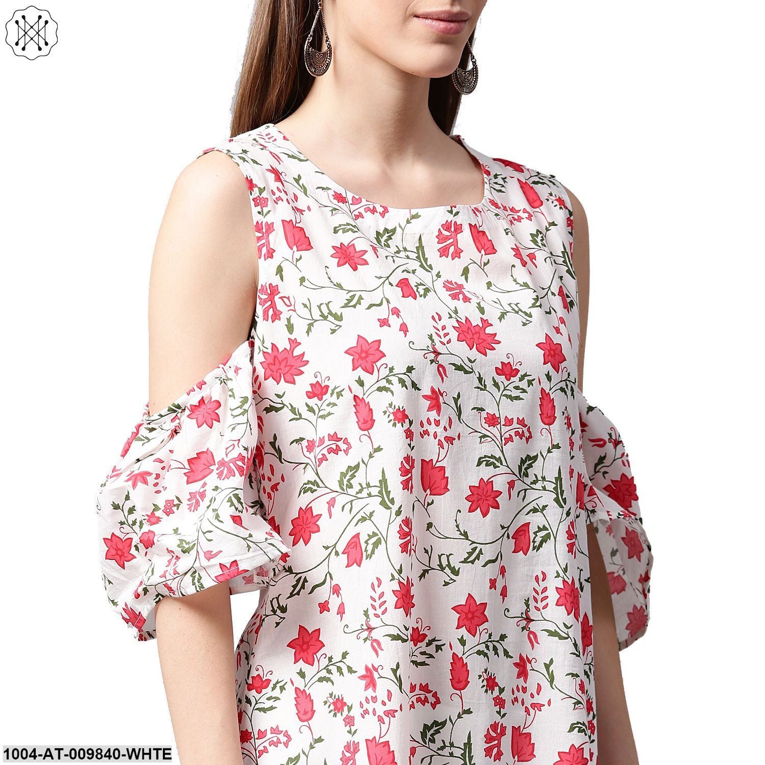 White Flower Printed Half Sleeve Cold Shoulder Cotton A-Line Kurta - Image 5