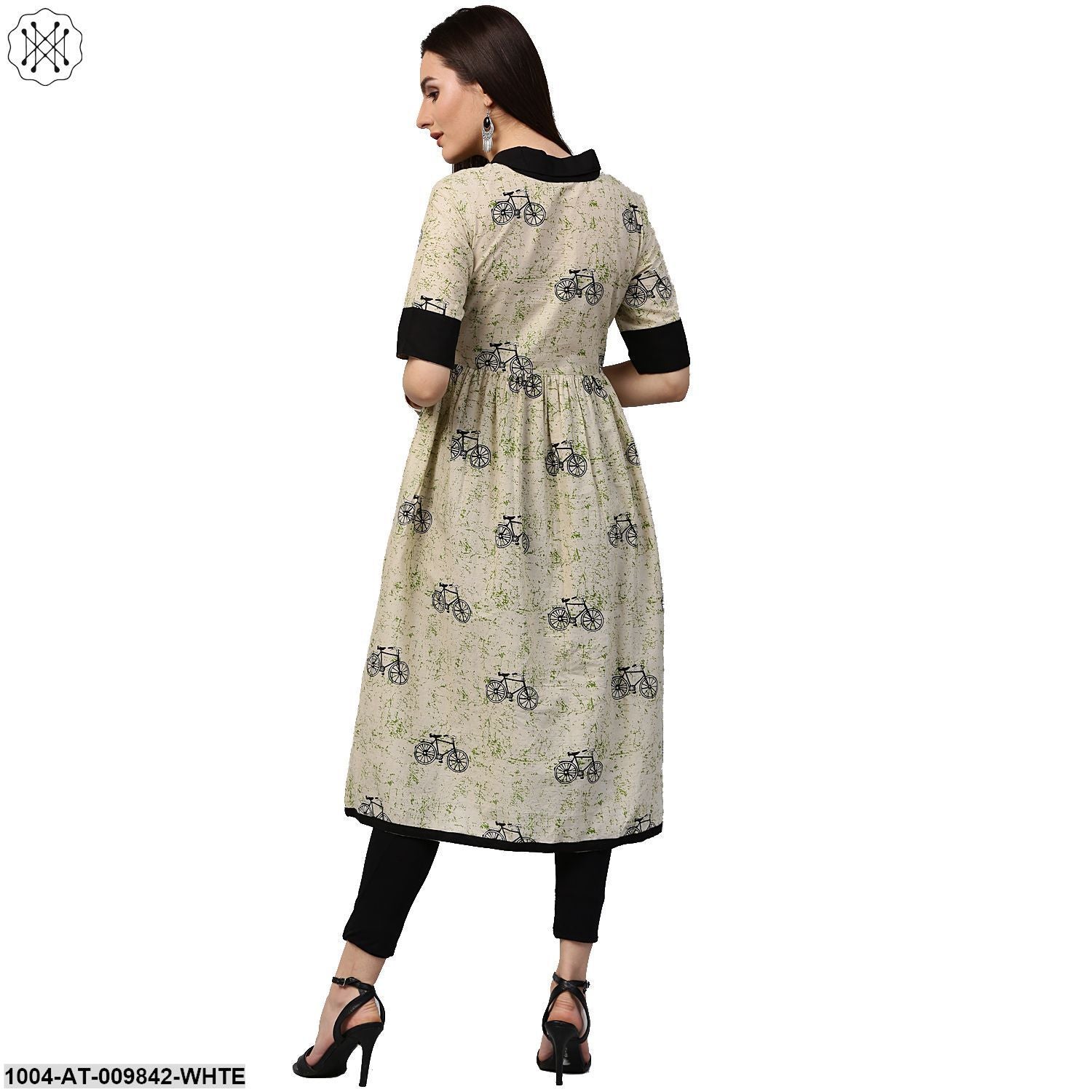 White Cycle Printed Half Sleeve Cotton Anarkali Kurta - Image 2