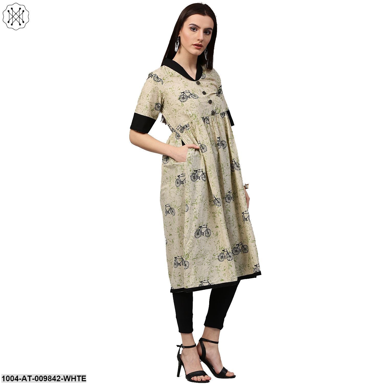 White Cycle Printed Half Sleeve Cotton Anarkali Kurta - Image 3