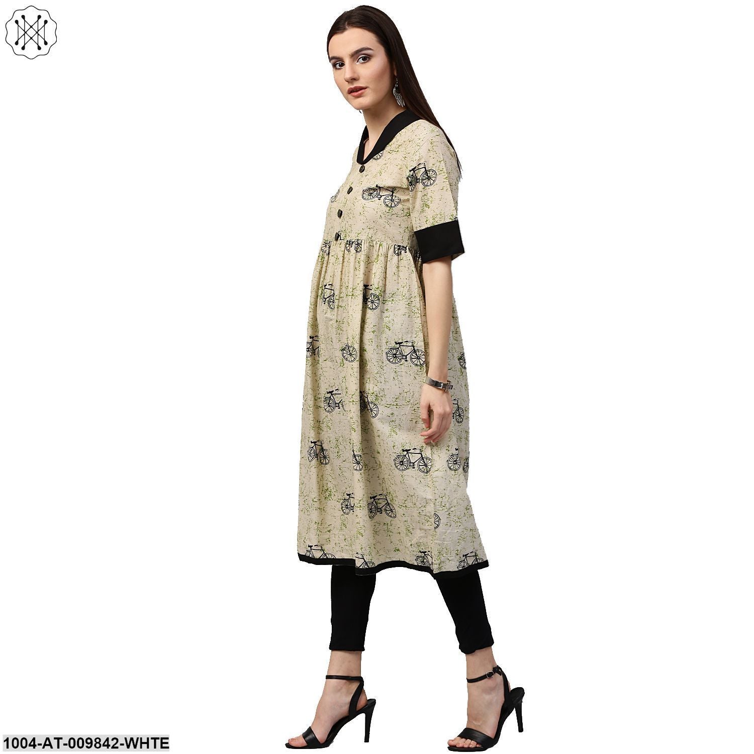 White Cycle Printed Half Sleeve Cotton Anarkali Kurta - Image 4