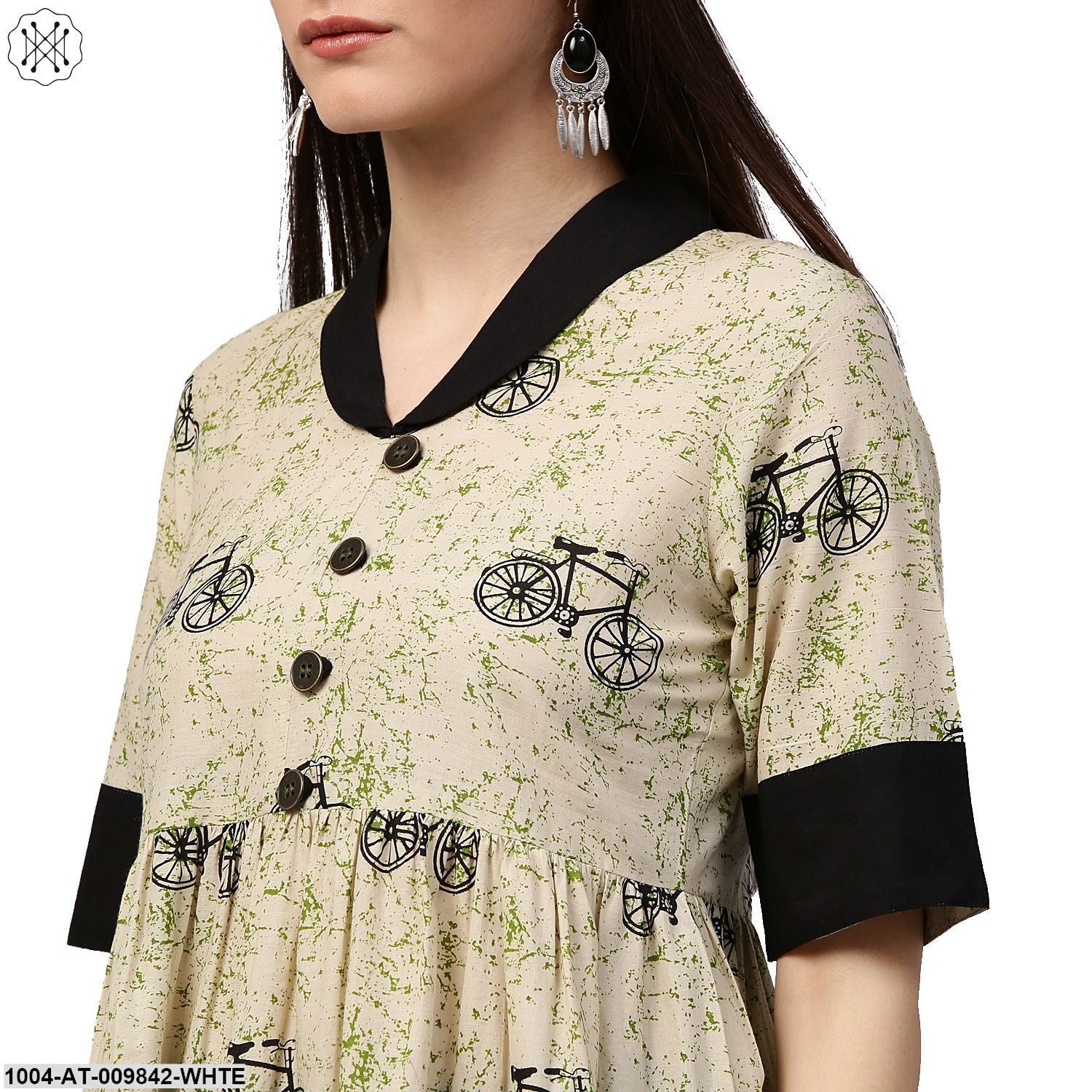 White Cycle Printed Half Sleeve Cotton Anarkali Kurta - Image 5
