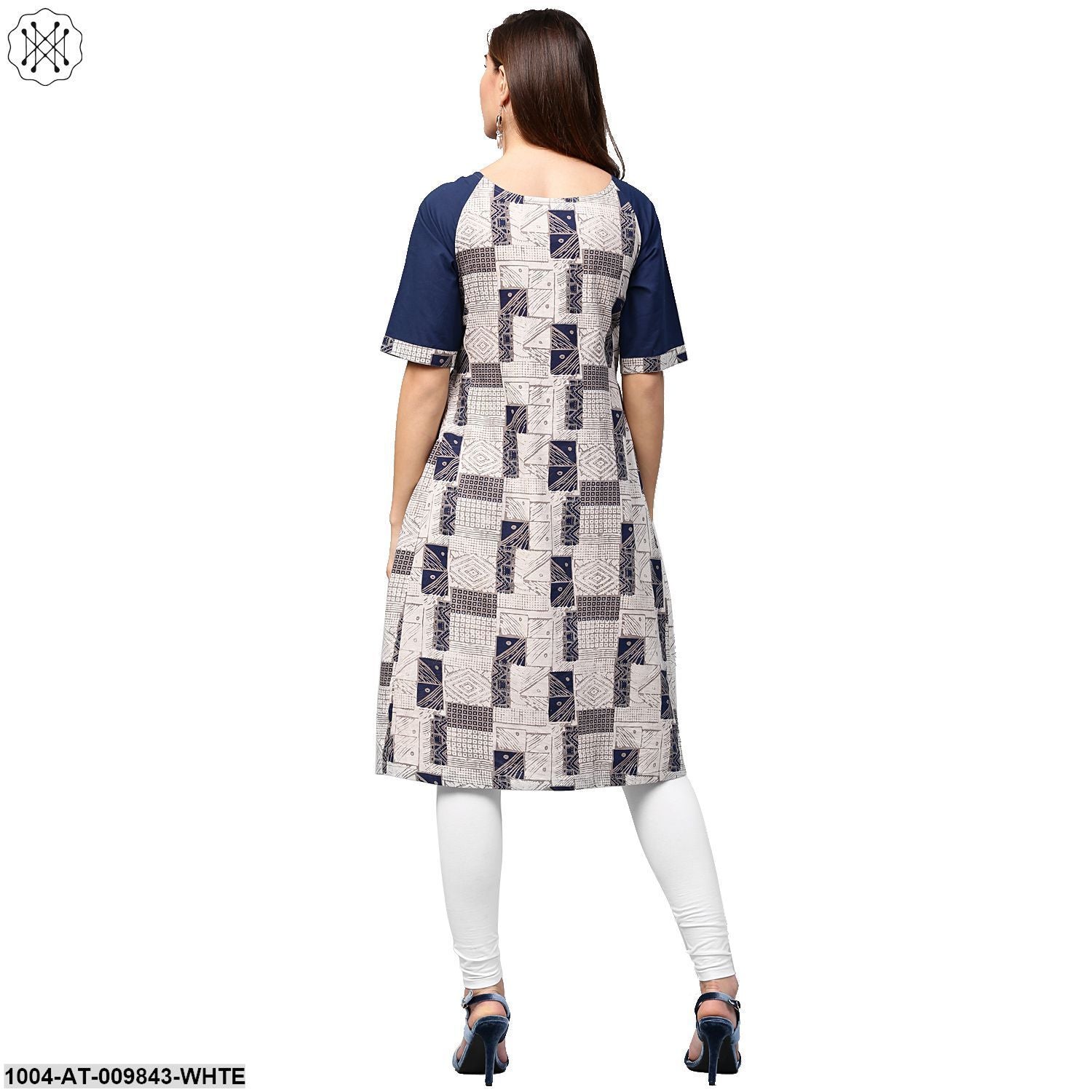 White Printed Half Sleeve Cotton A-Line Kurta With Dori Work At Neck - Image 2
