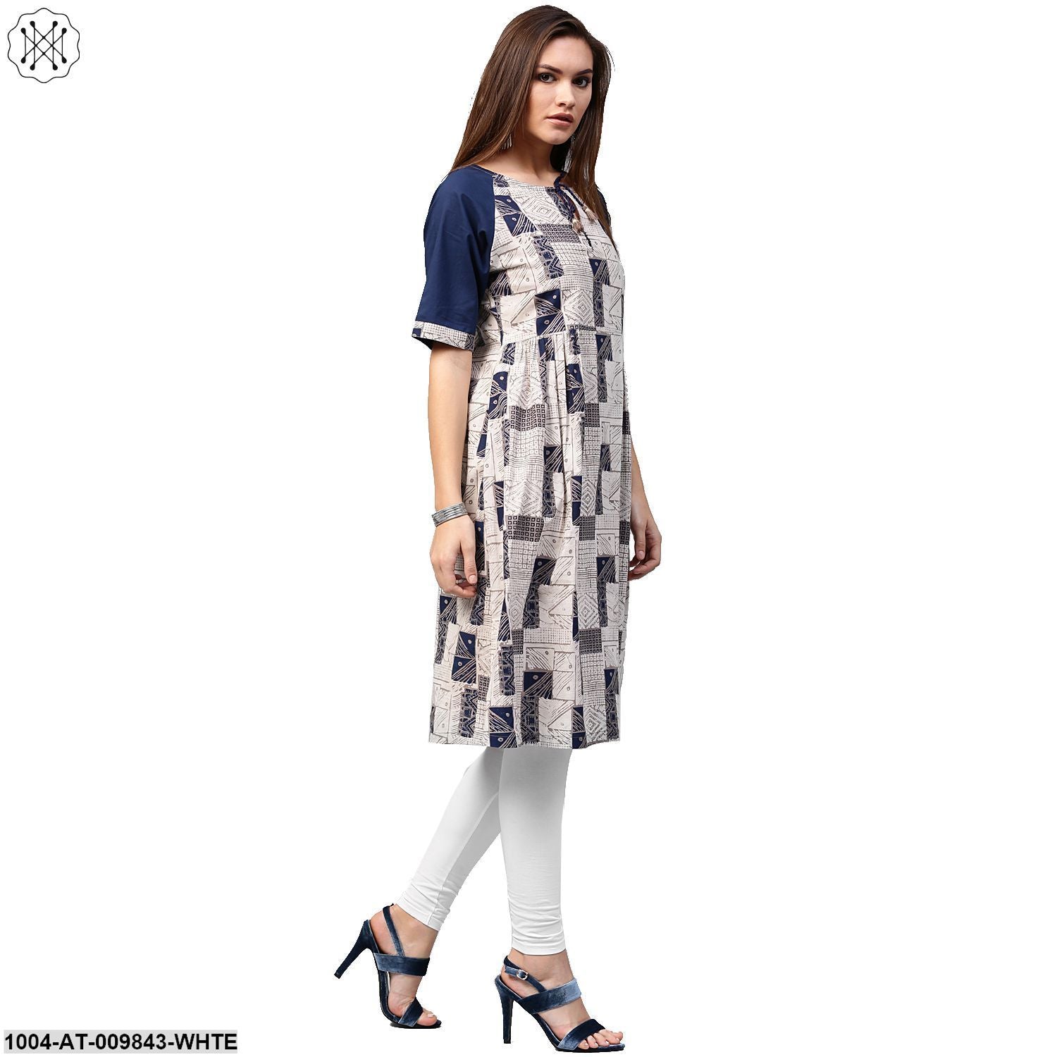 White Printed Half Sleeve Cotton A-Line Kurta With Dori Work At Neck - Image 3