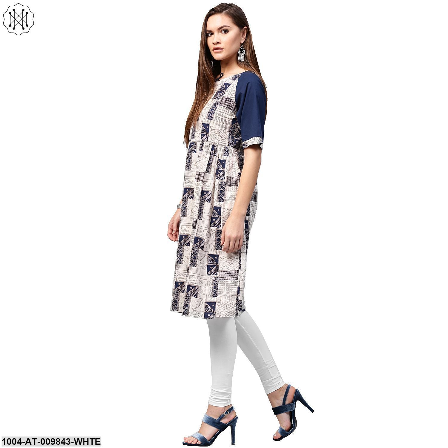 White Printed Half Sleeve Cotton A-Line Kurta With Dori Work At Neck - Image 4