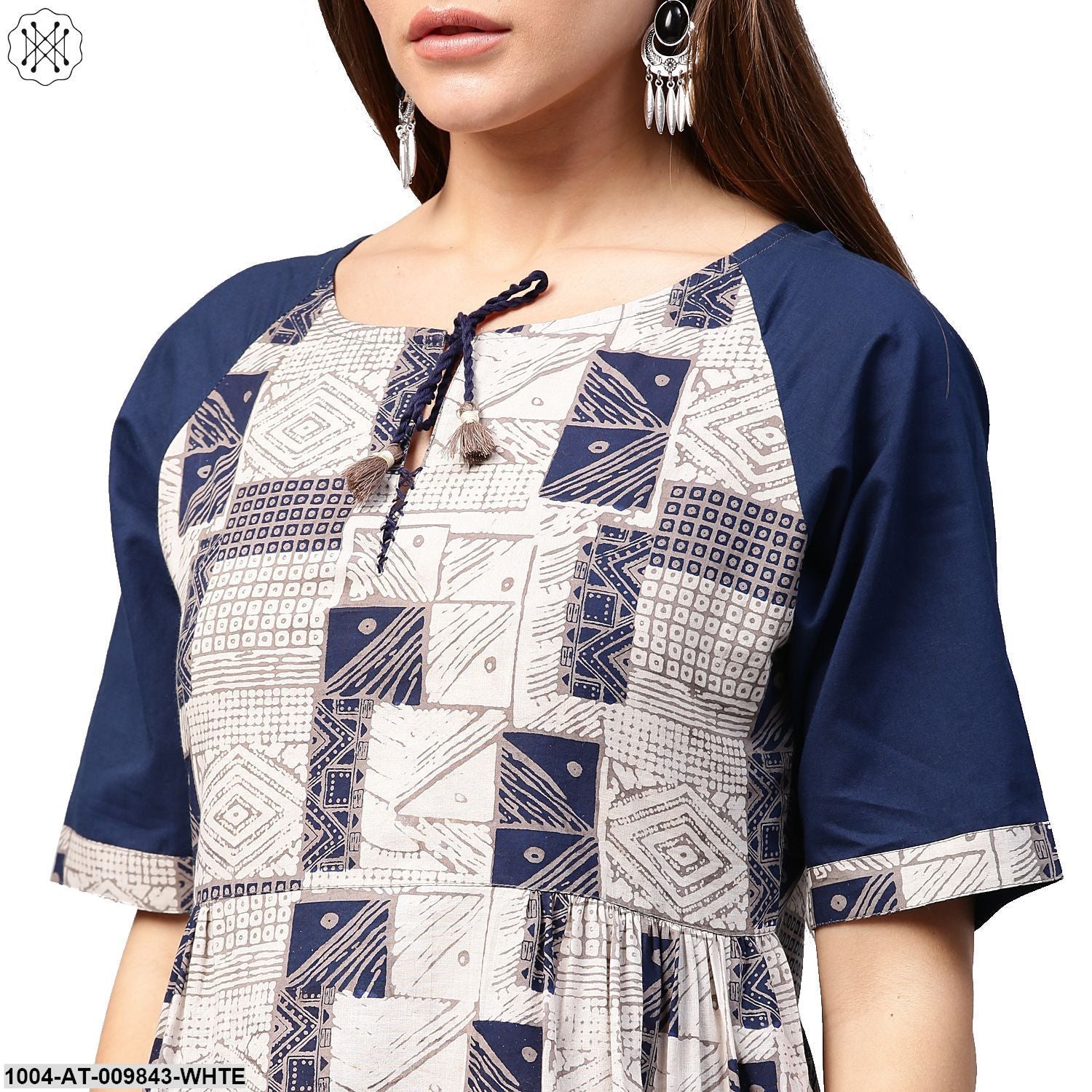 White Printed Half Sleeve Cotton A-Line Kurta With Dori Work At Neck - Image 5