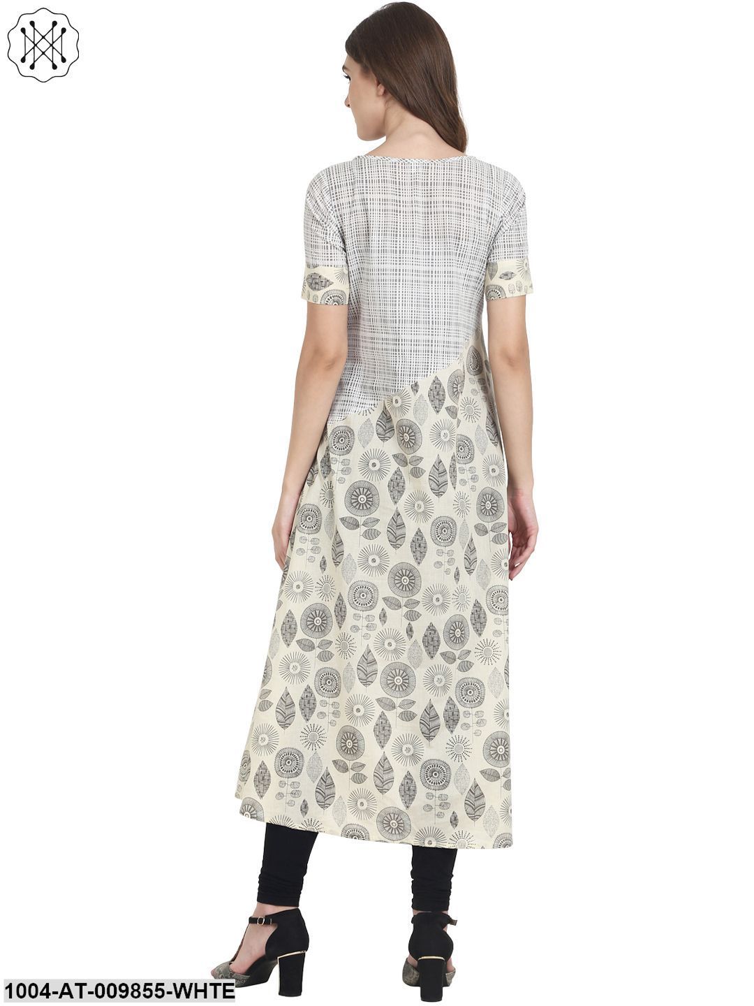 White Printed Half Sleeve Cotton A-Line Kurta - Image 3