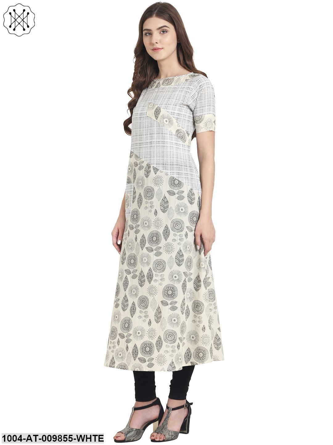 White Printed Half Sleeve Cotton A-Line Kurta - Image 4