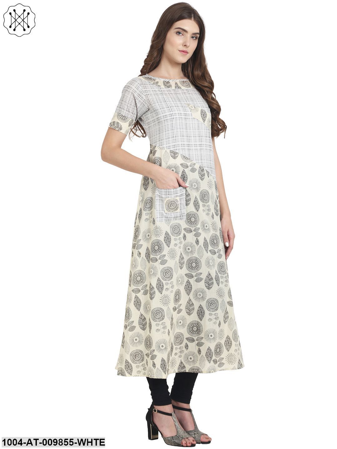 White Printed Half Sleeve Cotton A-Line Kurta - Image 2