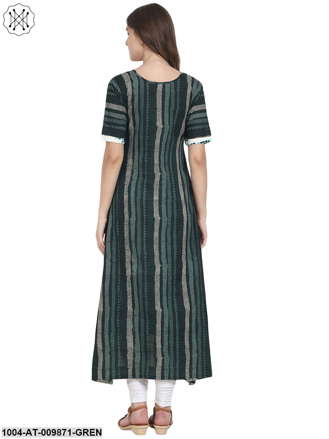 Green Printed Half Sleeve Cotton A-Line Kurta - Image 3