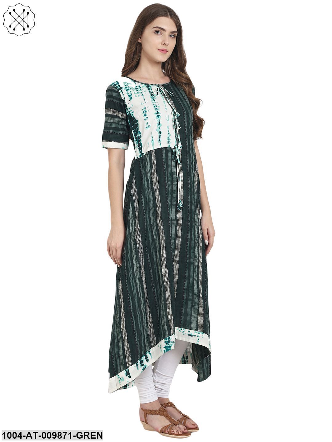 Green Printed Half Sleeve Cotton A-Line Kurta - Image 2