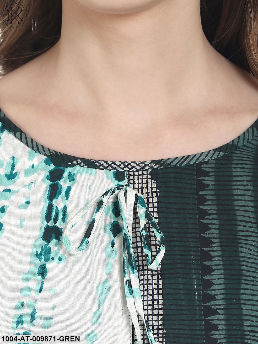 Green Printed Half Sleeve Cotton A-Line Kurta - Image 5