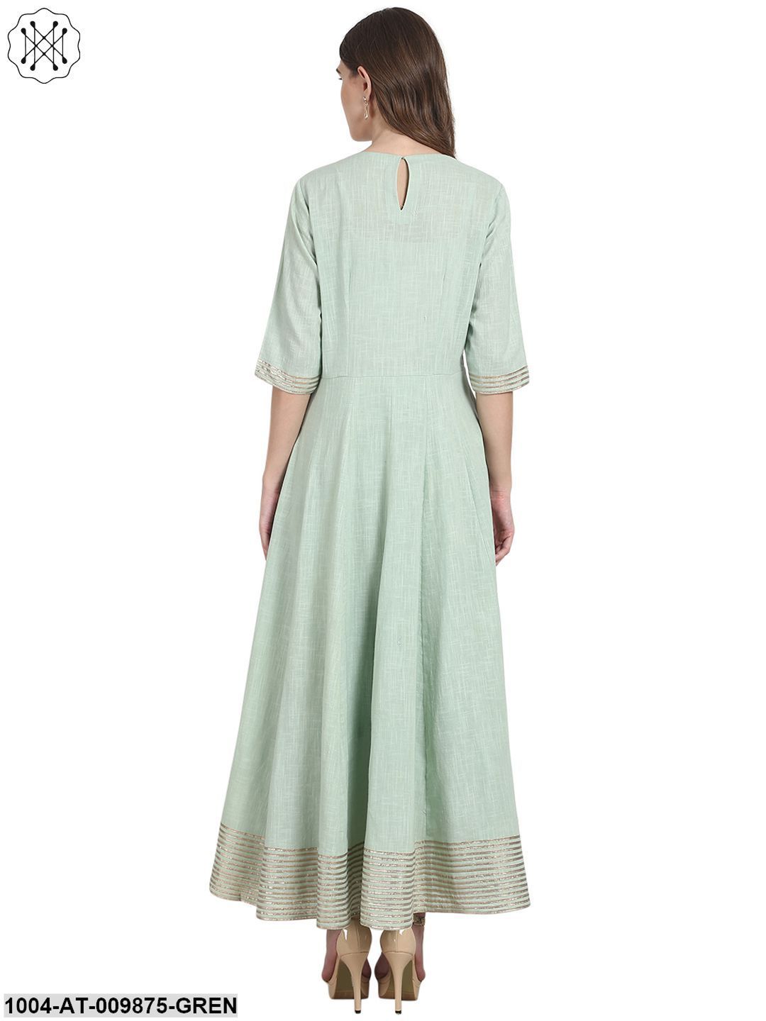 Green 3/4 Sleeve Cotton Low High Anarkali Kurta - Image 3