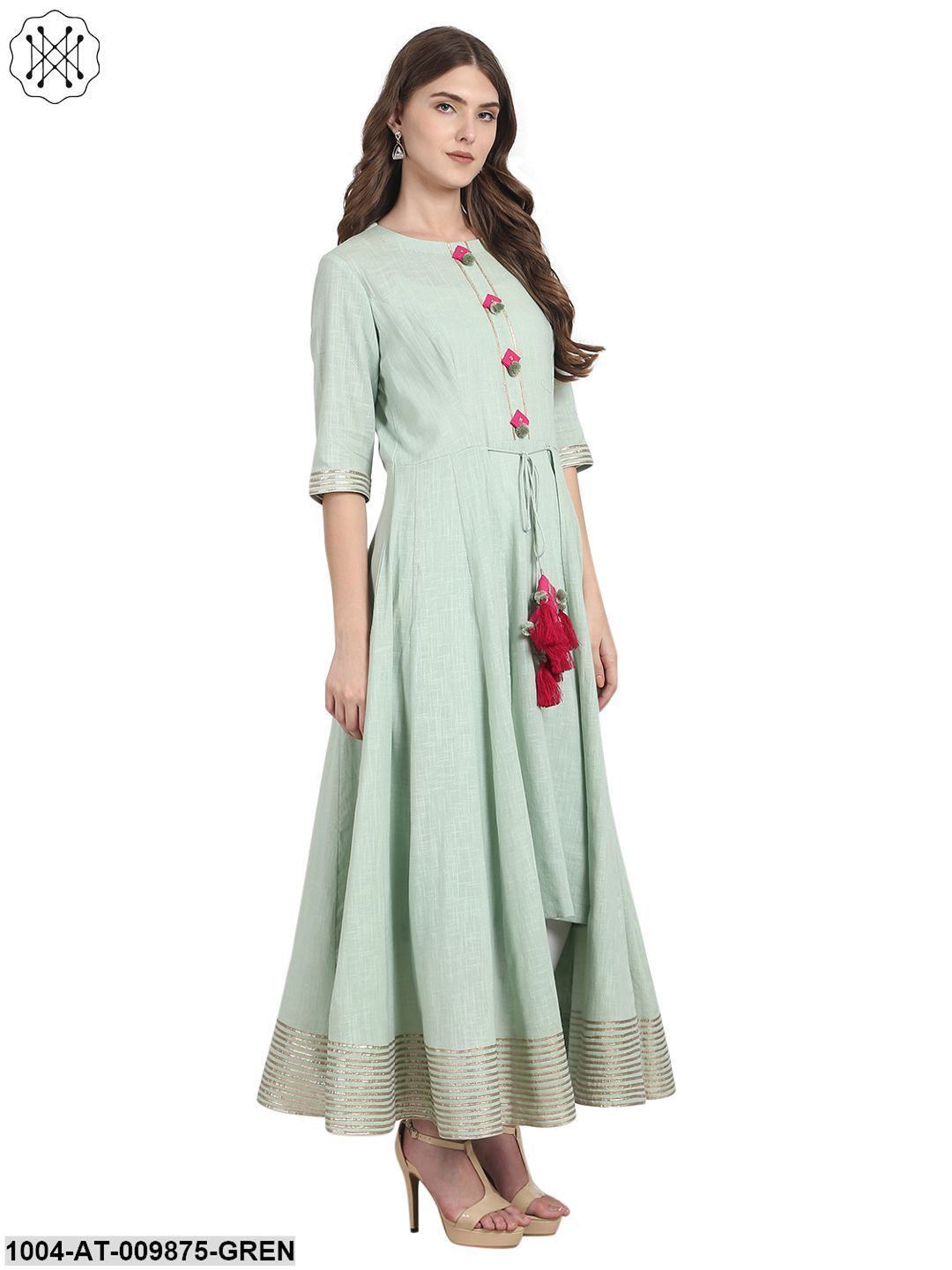 Green 3/4 Sleeve Cotton Low High Anarkali Kurta - Image 2