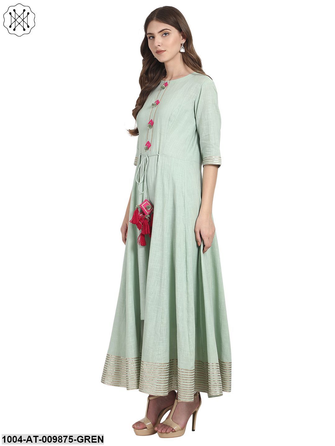 Green 3/4 Sleeve Cotton Low High Anarkali Kurta - Image 4