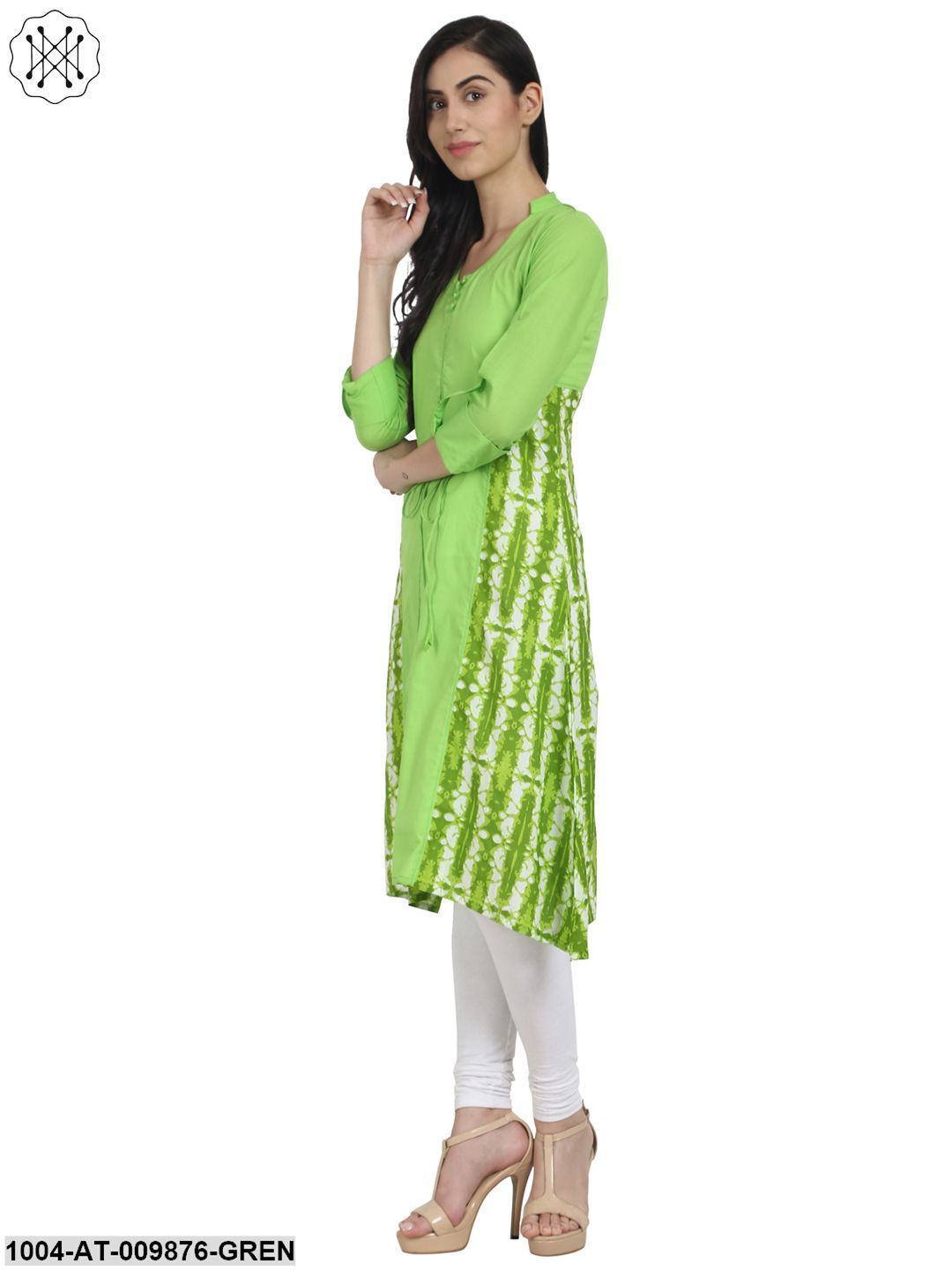 Green Printed 3/4Th Sleeve A-Line Kurta - Image 4
