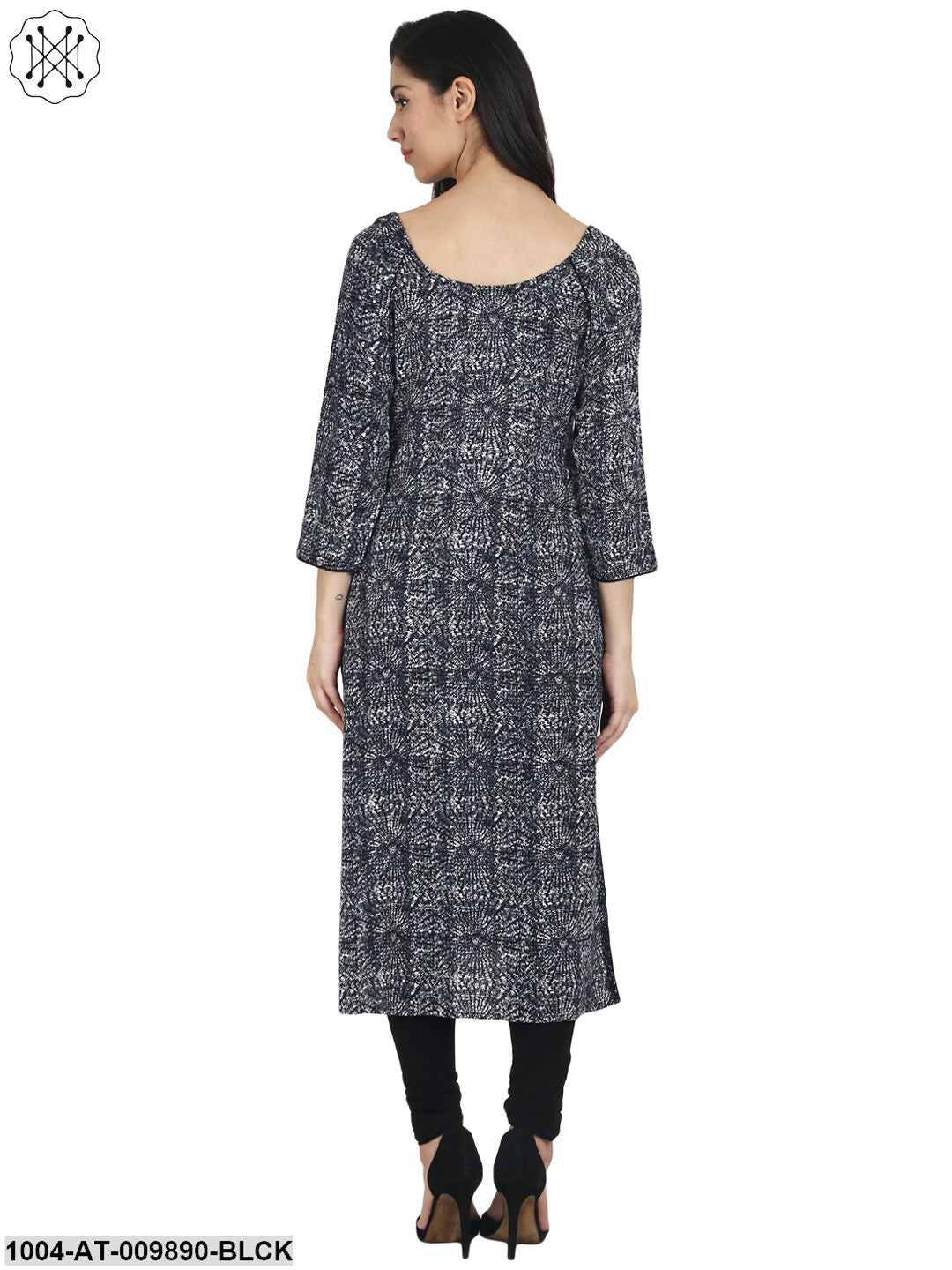 Black Printed 3/4Th Sleeve Rayon Kurta With 1 Pocket - Image 3