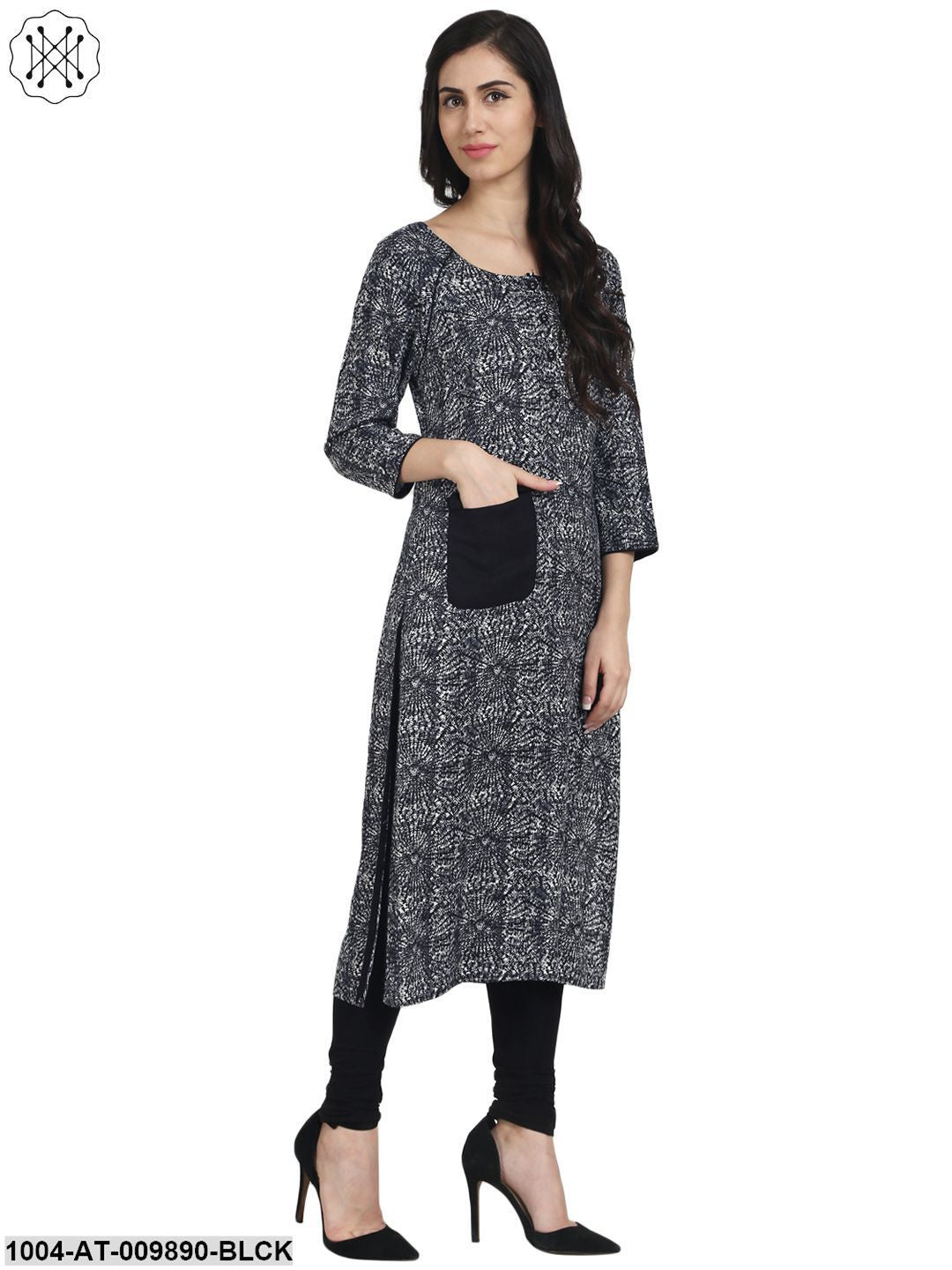 Black Printed 3/4Th Sleeve Rayon Kurta With 1 Pocket - Image 2