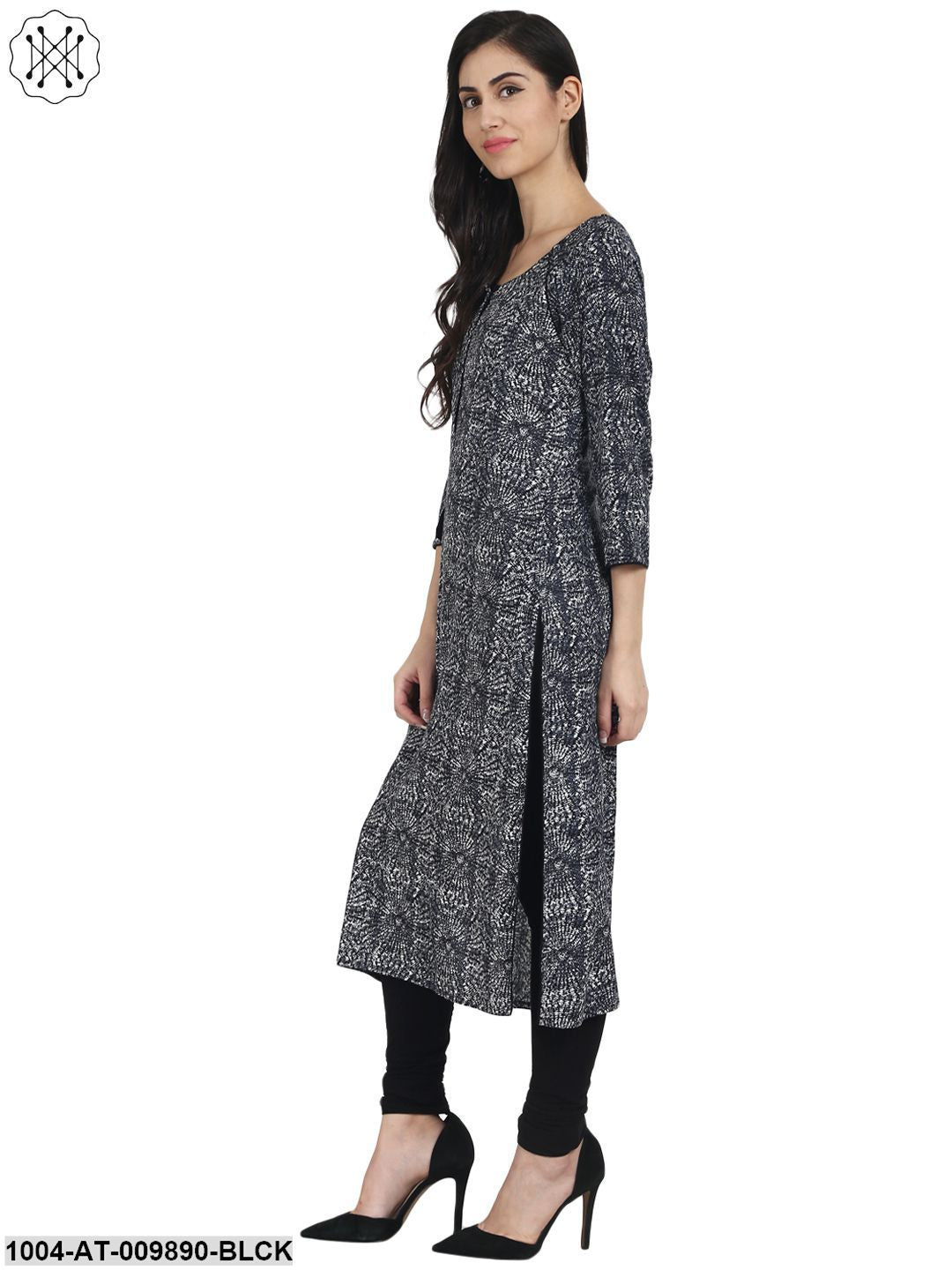 Black Printed 3/4Th Sleeve Rayon Kurta With 1 Pocket - Image 4