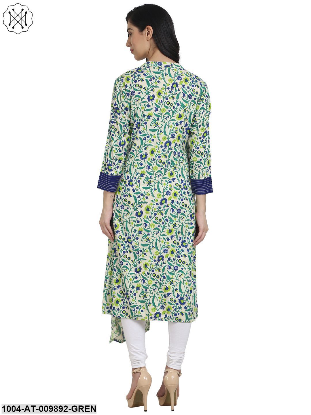Green Printed 3/4Th Sleeve Rayon Assymetric Kurta With Front Open - Image 3