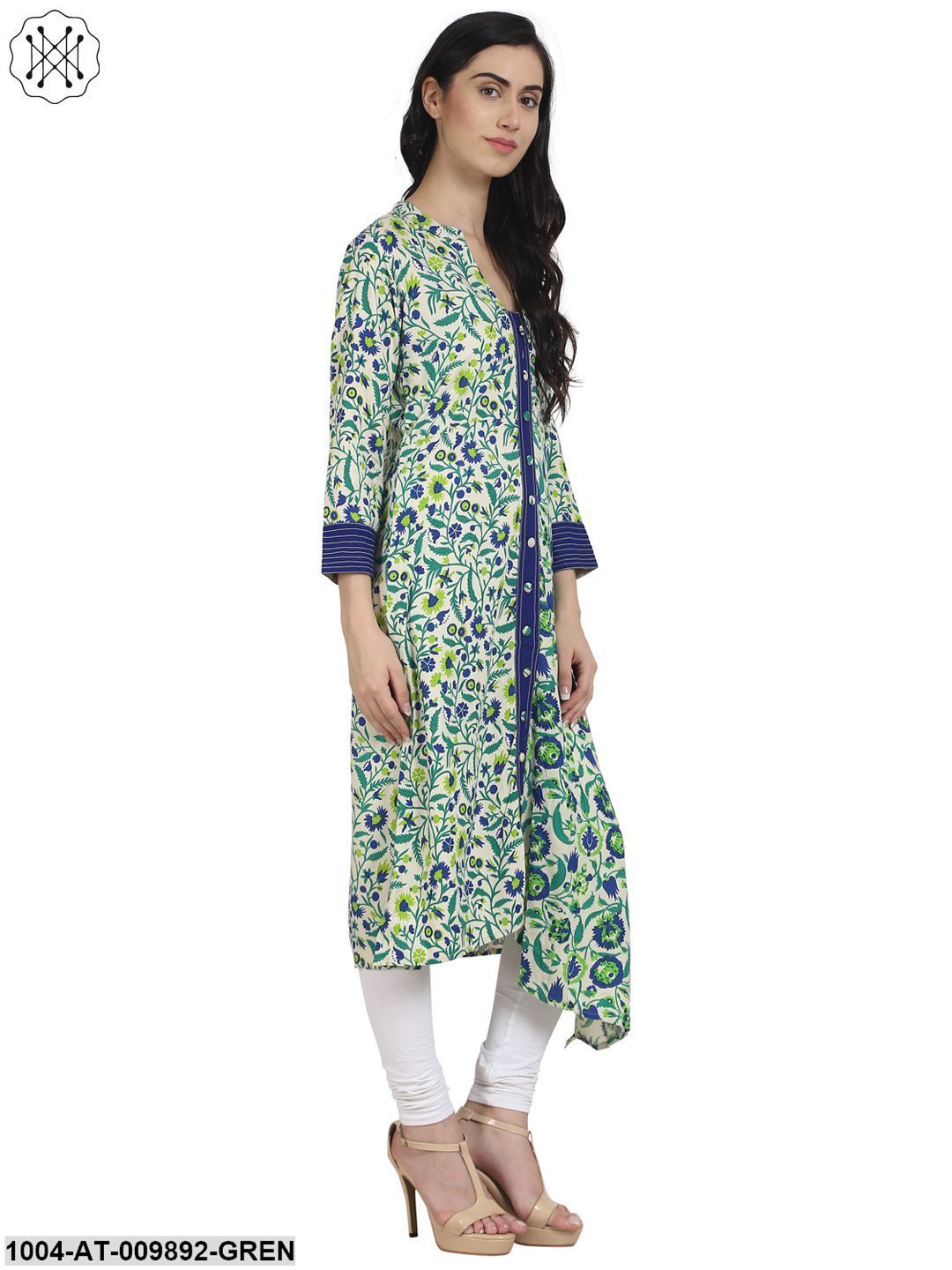 Green Printed 3/4Th Sleeve Rayon Assymetric Kurta With Front Open - Image 2