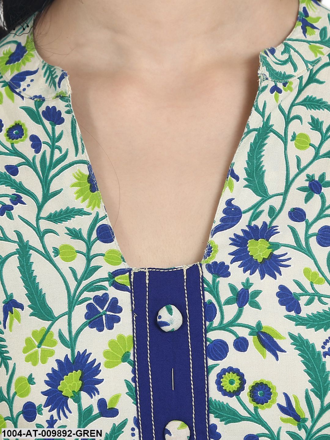 Green Printed 3/4Th Sleeve Rayon Assymetric Kurta With Front Open - Image 5