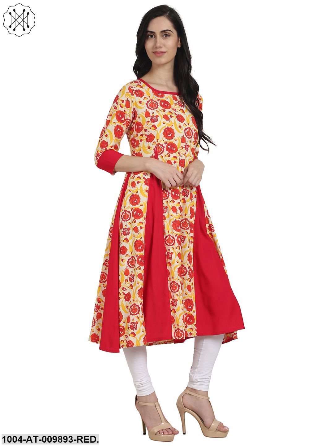 Red Printed 3/4Th Sleeve Rayon A-Line Kurta - Image 2