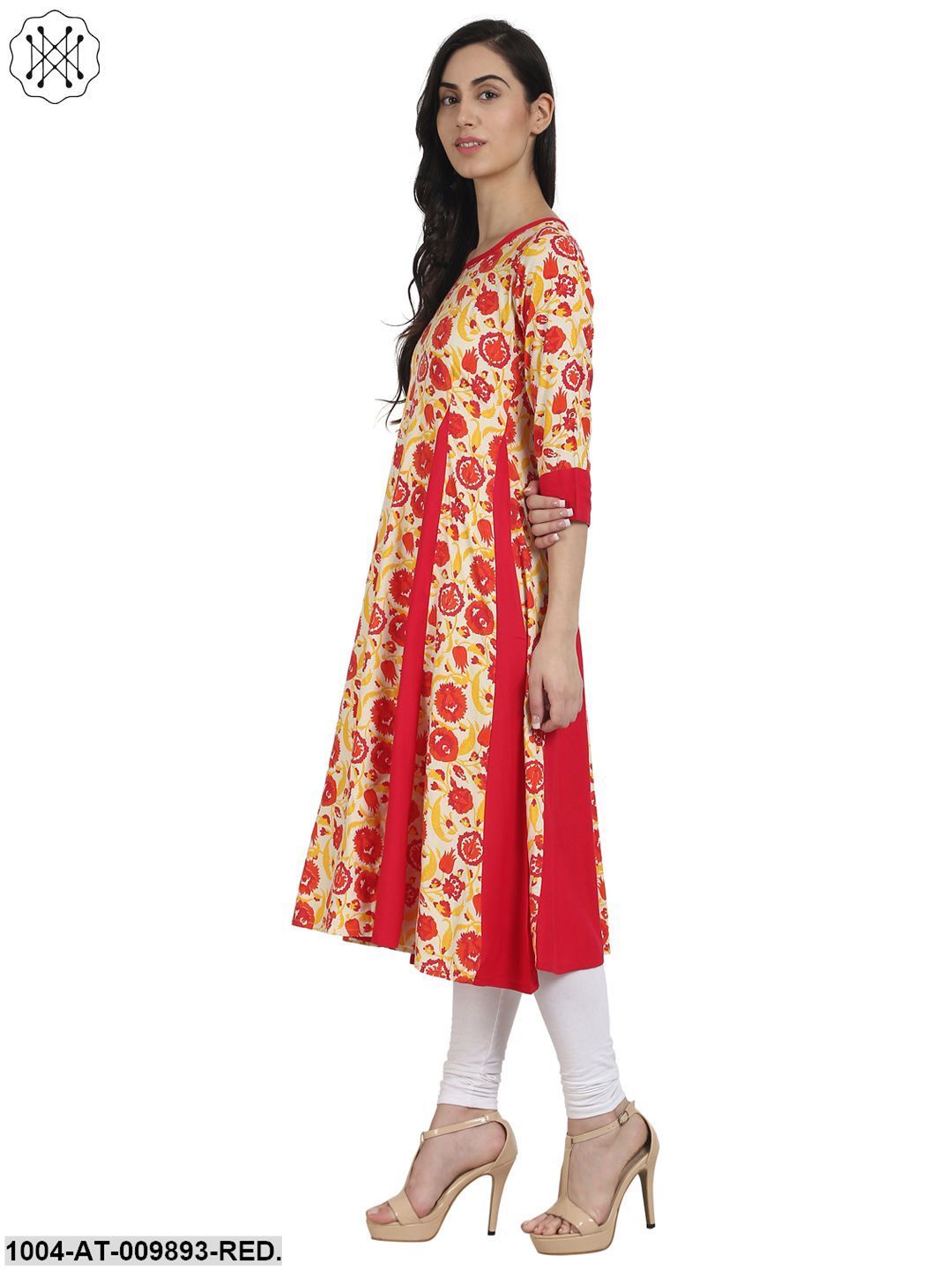 Red Printed 3/4Th Sleeve Rayon A-Line Kurta - Image 4