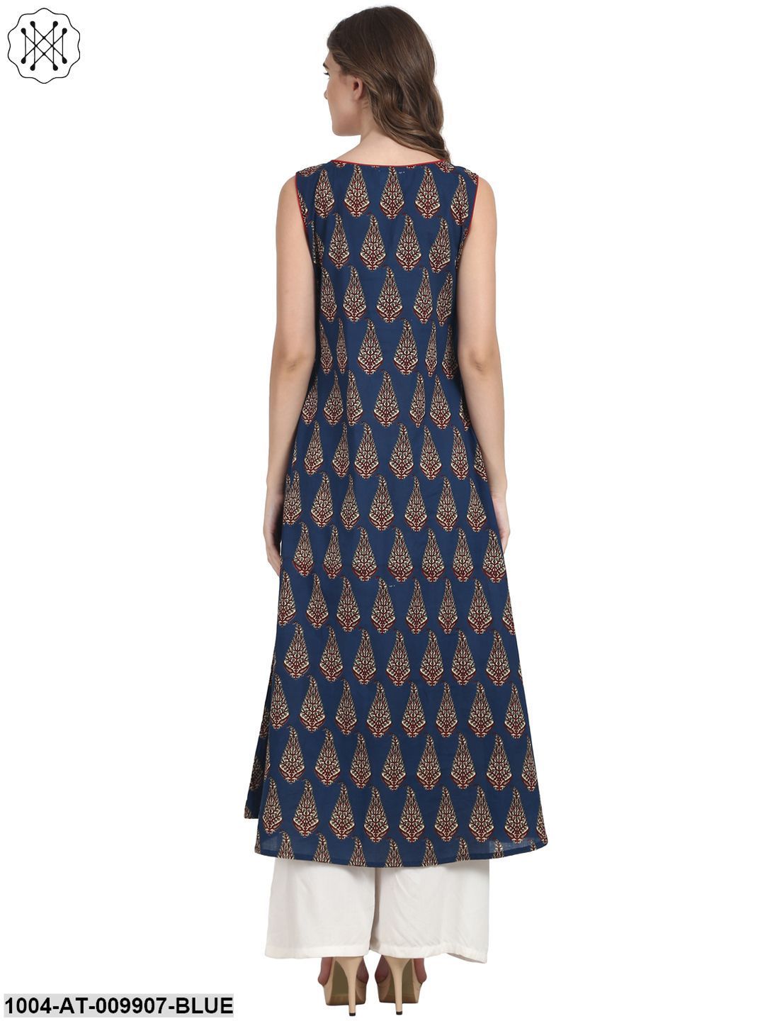 Blue Butta Printed Sleevless Cotton A-Line Kurta - Image 3