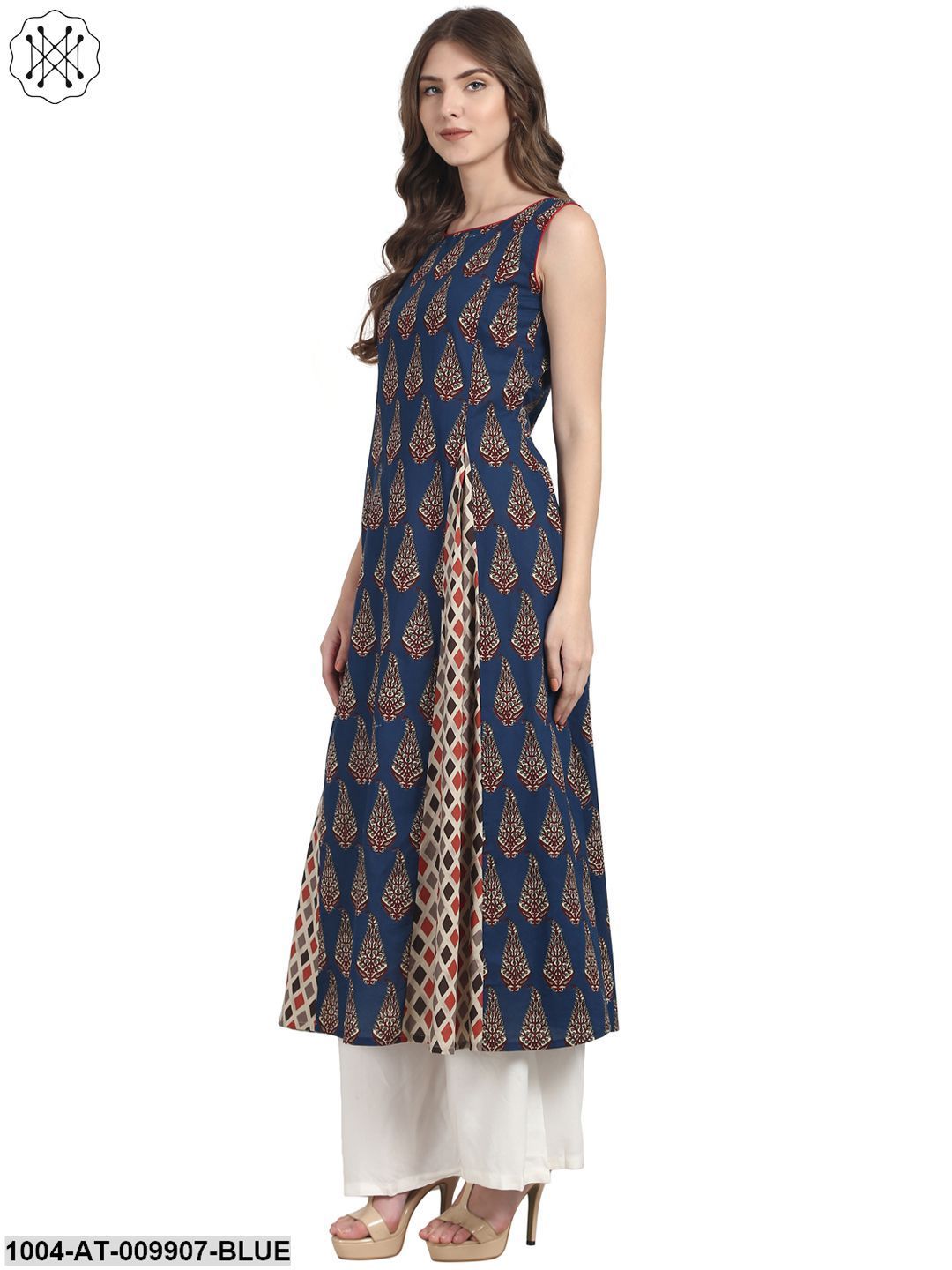 Blue Butta Printed Sleevless Cotton A-Line Kurta - Image 4