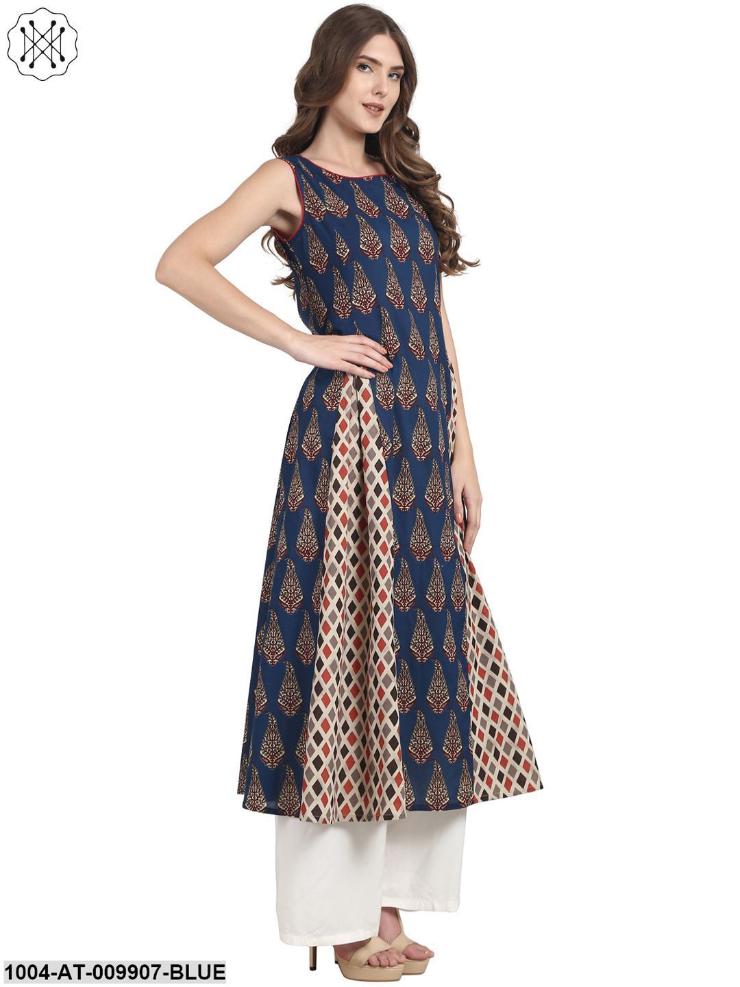 Blue Butta Printed Sleevless Cotton A-Line Kurta - Image 2