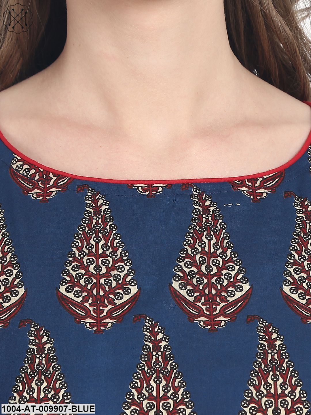 Blue Butta Printed Sleevless Cotton A-Line Kurta - Image 5