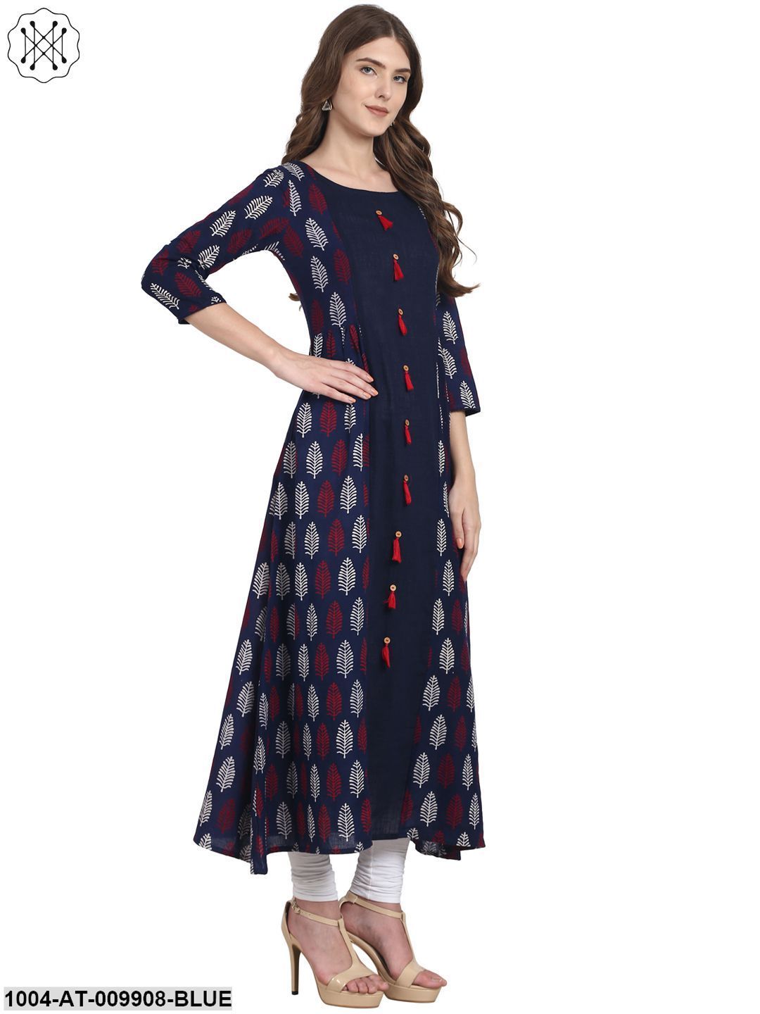 Blue 3/4 Sleeve Cotton A-Line Kurta With Tussle Work - Image 2