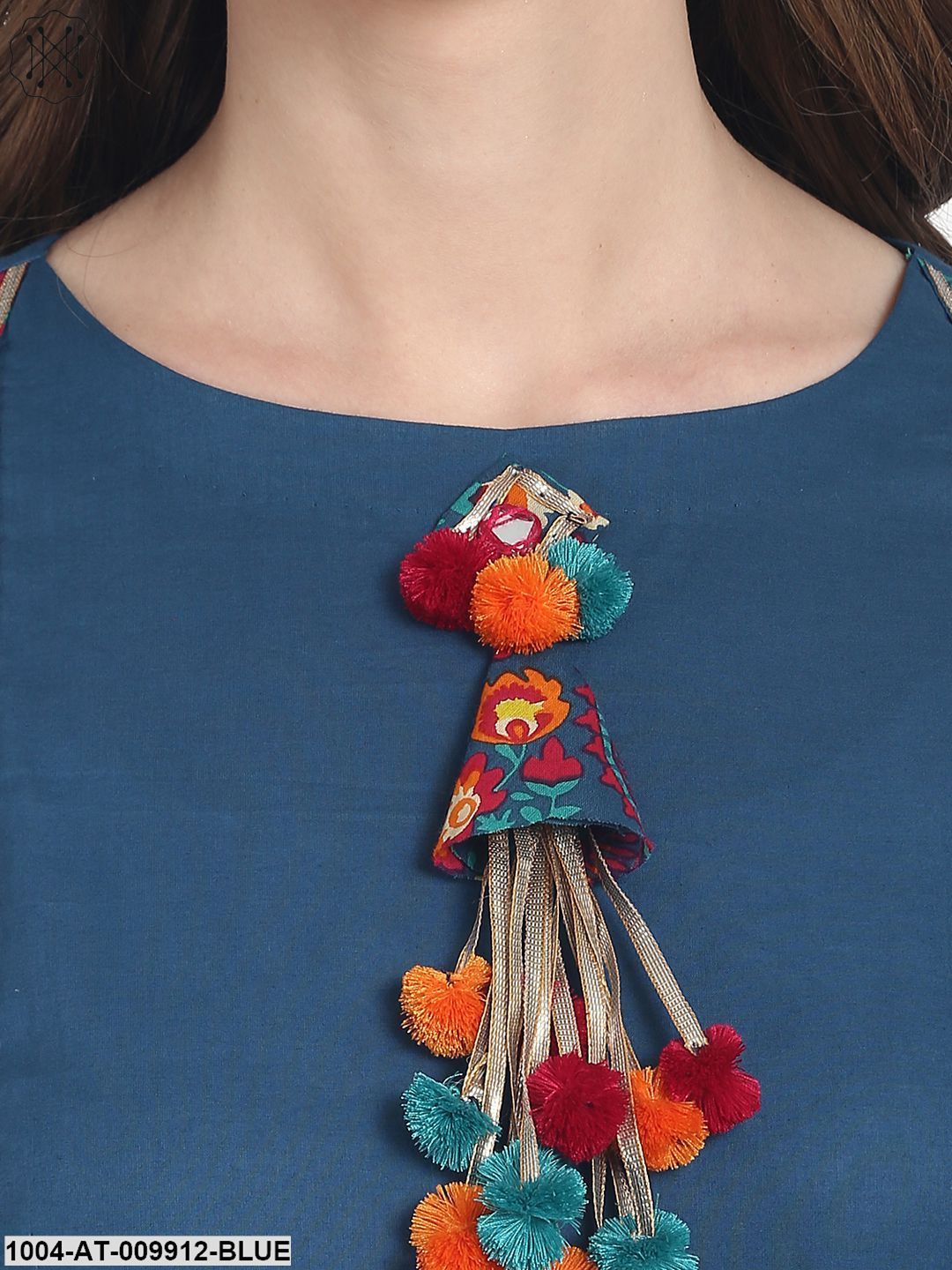Blue 3/4 Sleeve Cotton Anarkali Kurta With Latkan At Yoke - Image 5