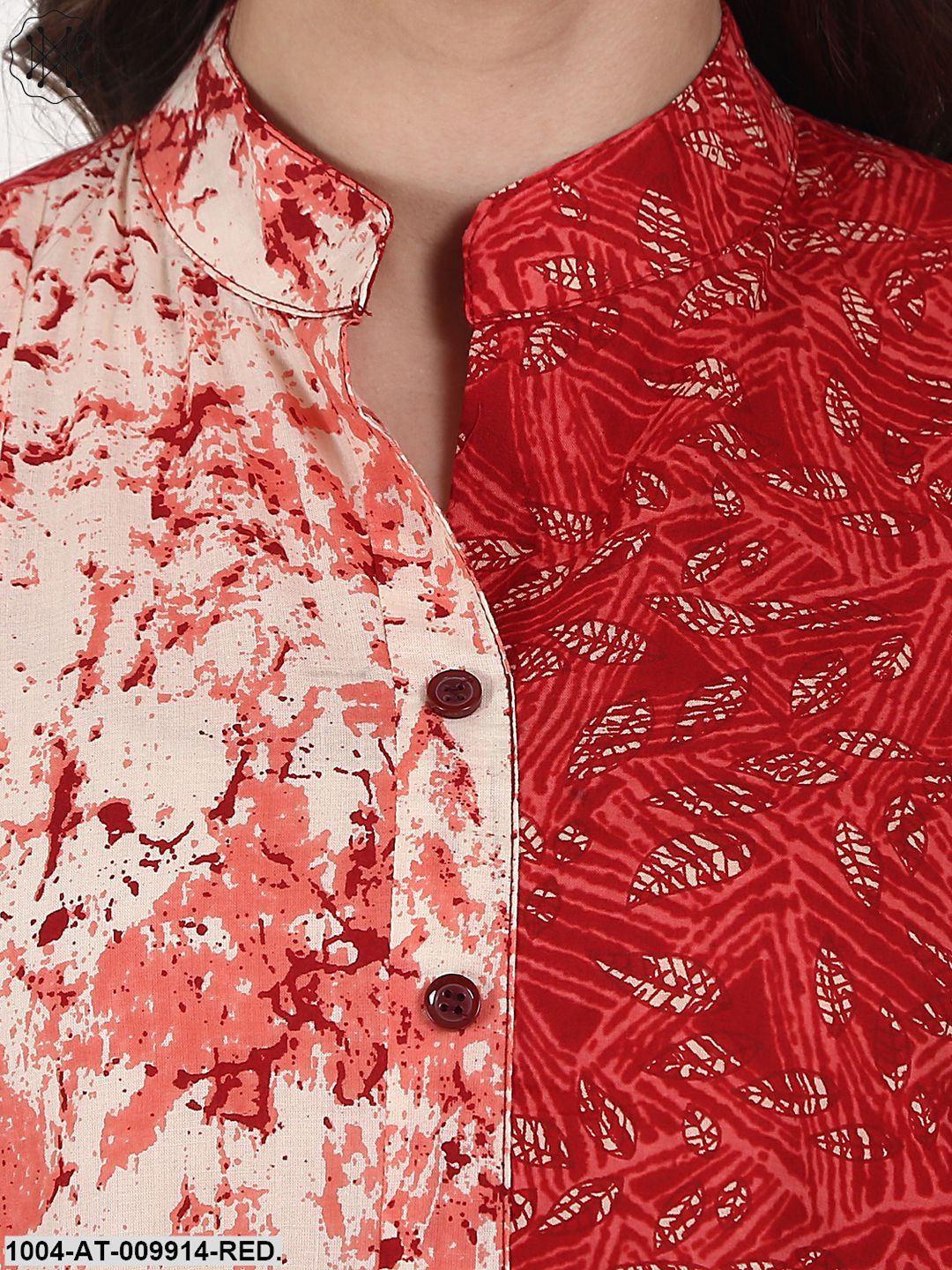 Red Printed Half Sleeve Low High Cotton Kurta - Image 5