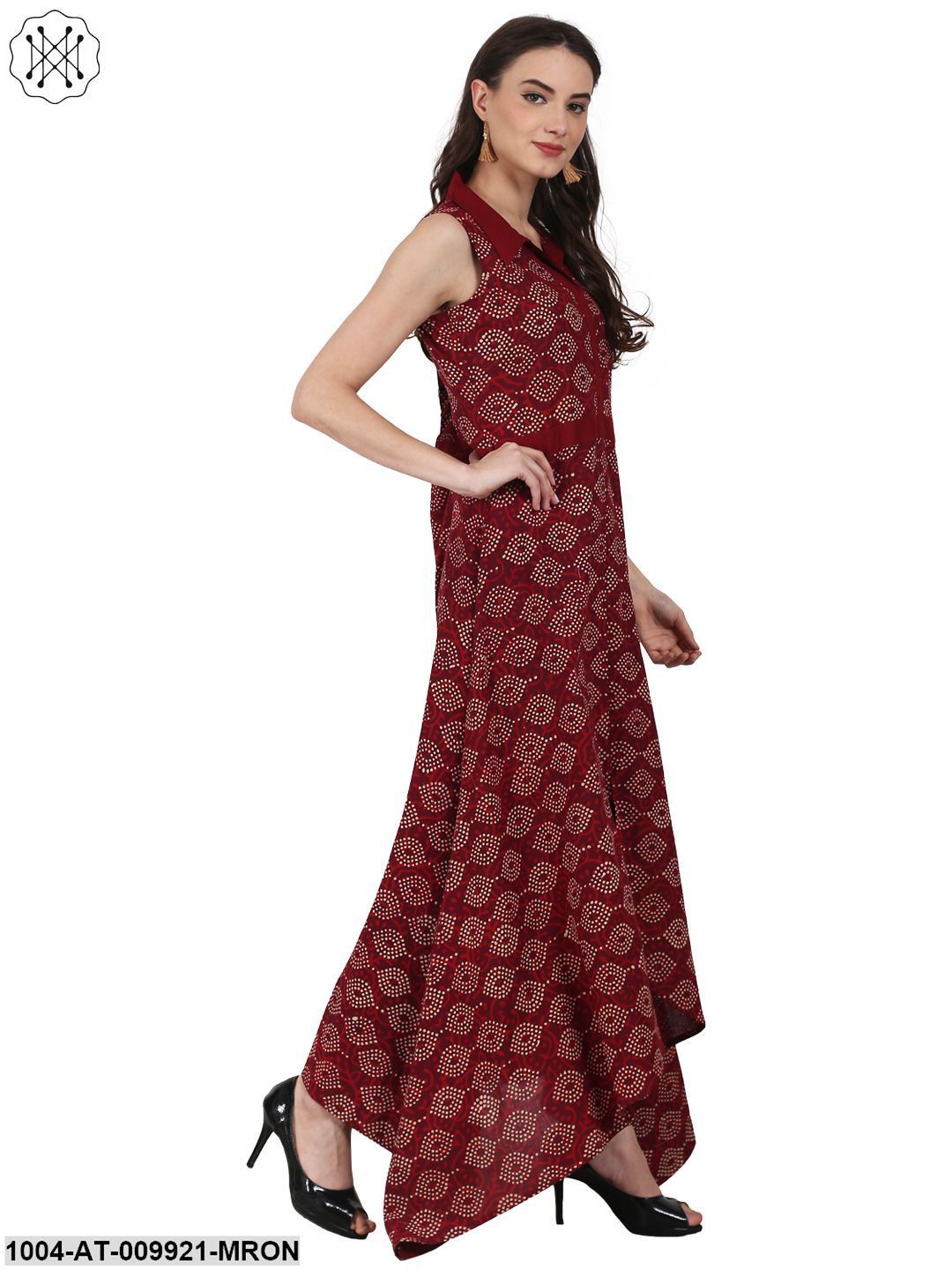 Maroon Printed Sleevless Assymetric Cotton A-Line Kurta - Image 2