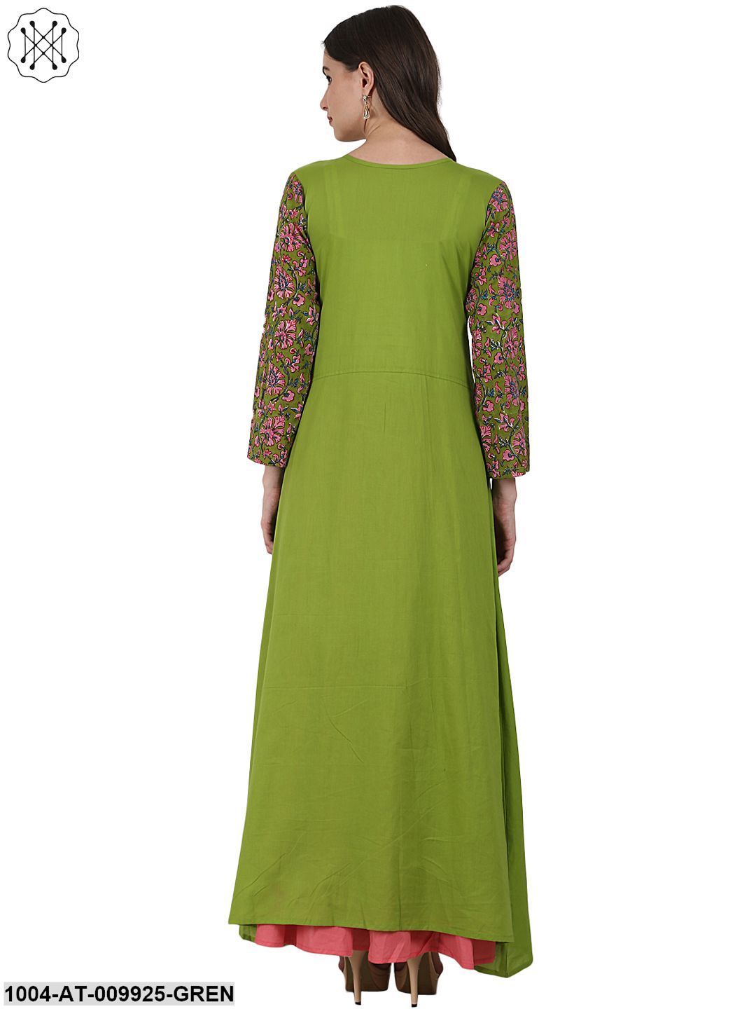 Green 3/4 Sleeve Cotton A-Line Kurta With Front Cut - Image 3