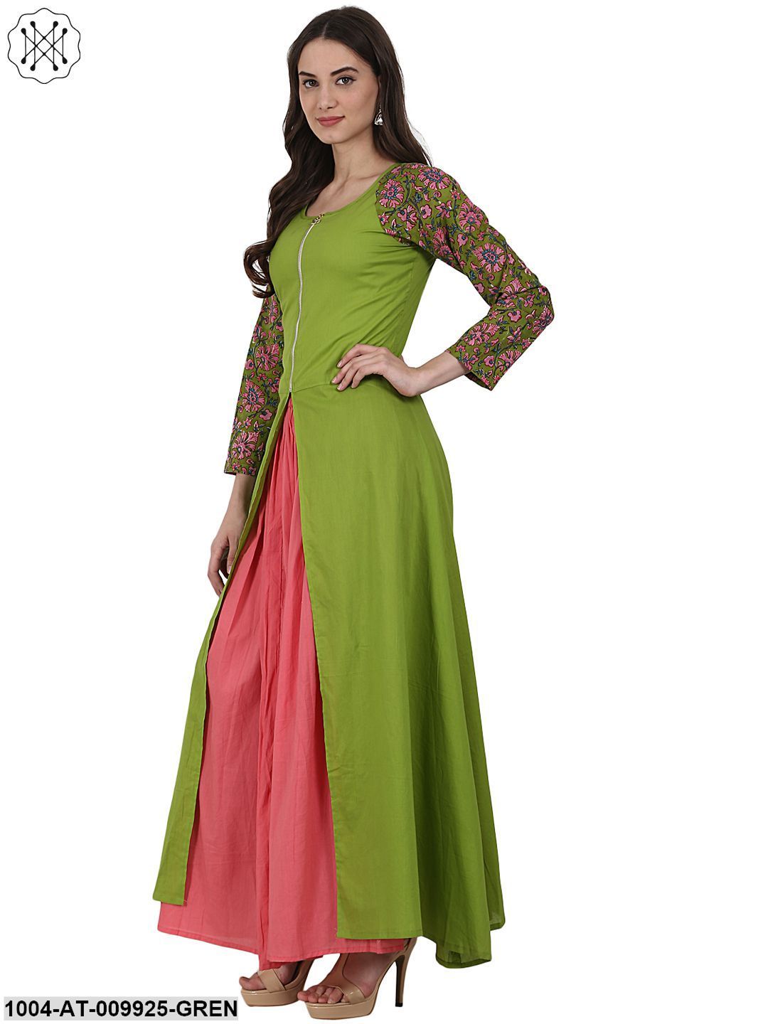 Green 3/4 Sleeve Cotton A-Line Kurta With Front Cut - Image 4