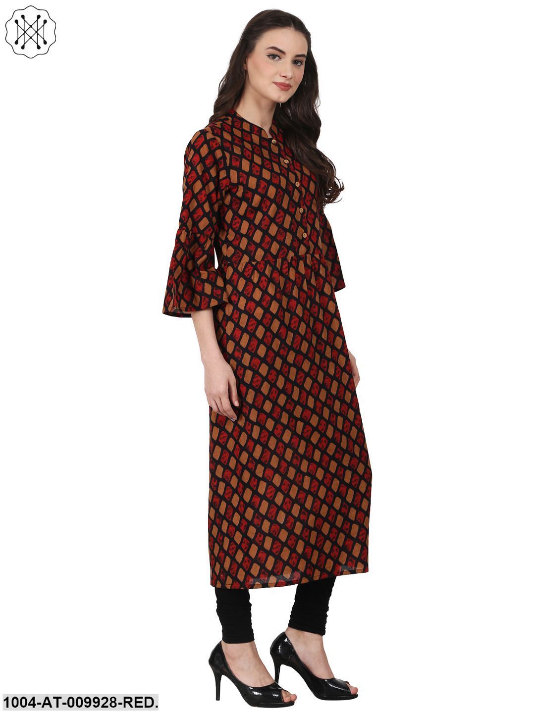 Red Printed 3/4 Sleeve Cotton Kurta - Image 2