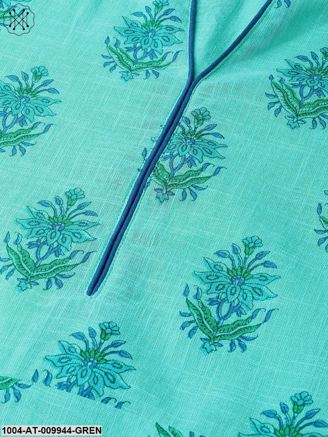 Women Blue & Green Cotton Straight Floral Printed Kurta - Image 5