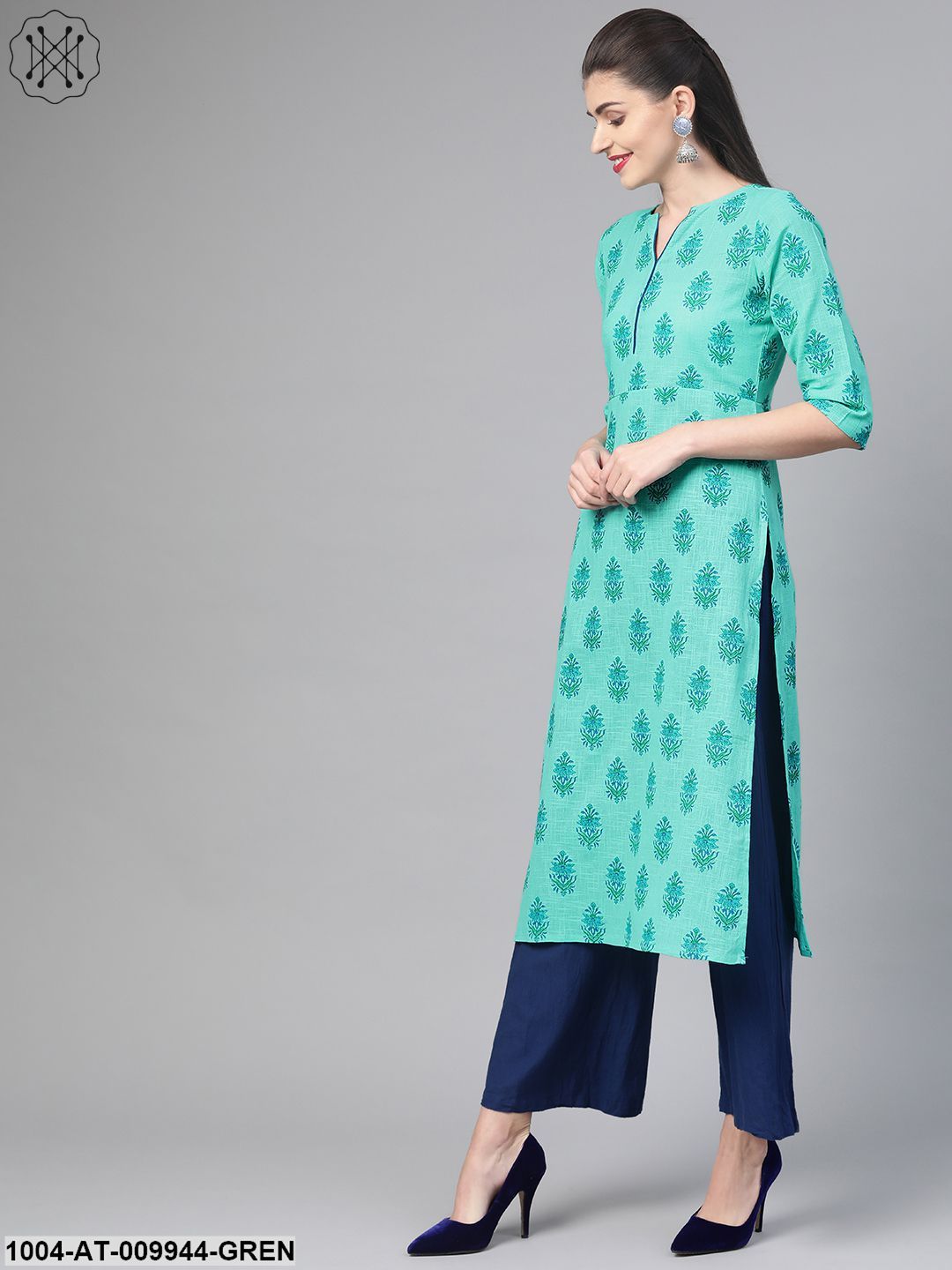 Women Blue & Green Cotton Straight Floral Printed Kurta - Image 2