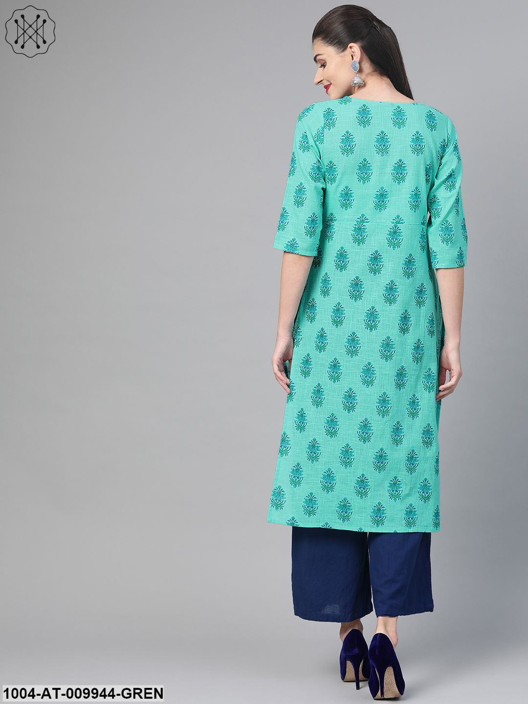 Women Blue & Green Cotton Straight Floral Printed Kurta - Image 3