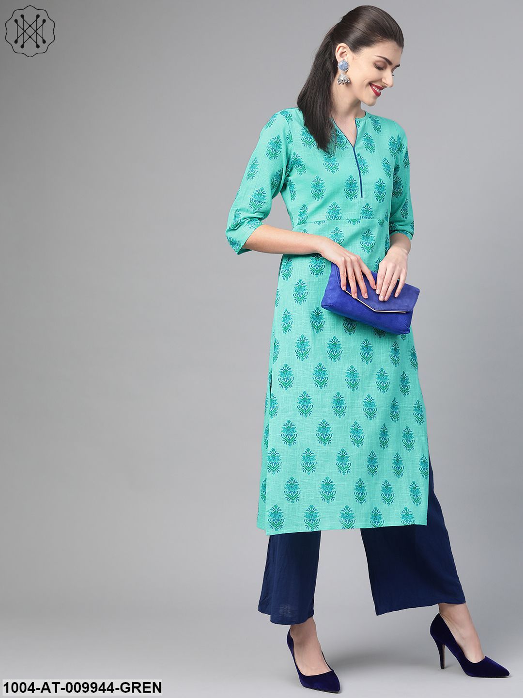 Women Blue & Green Cotton Straight Floral Printed Kurta - Image 4