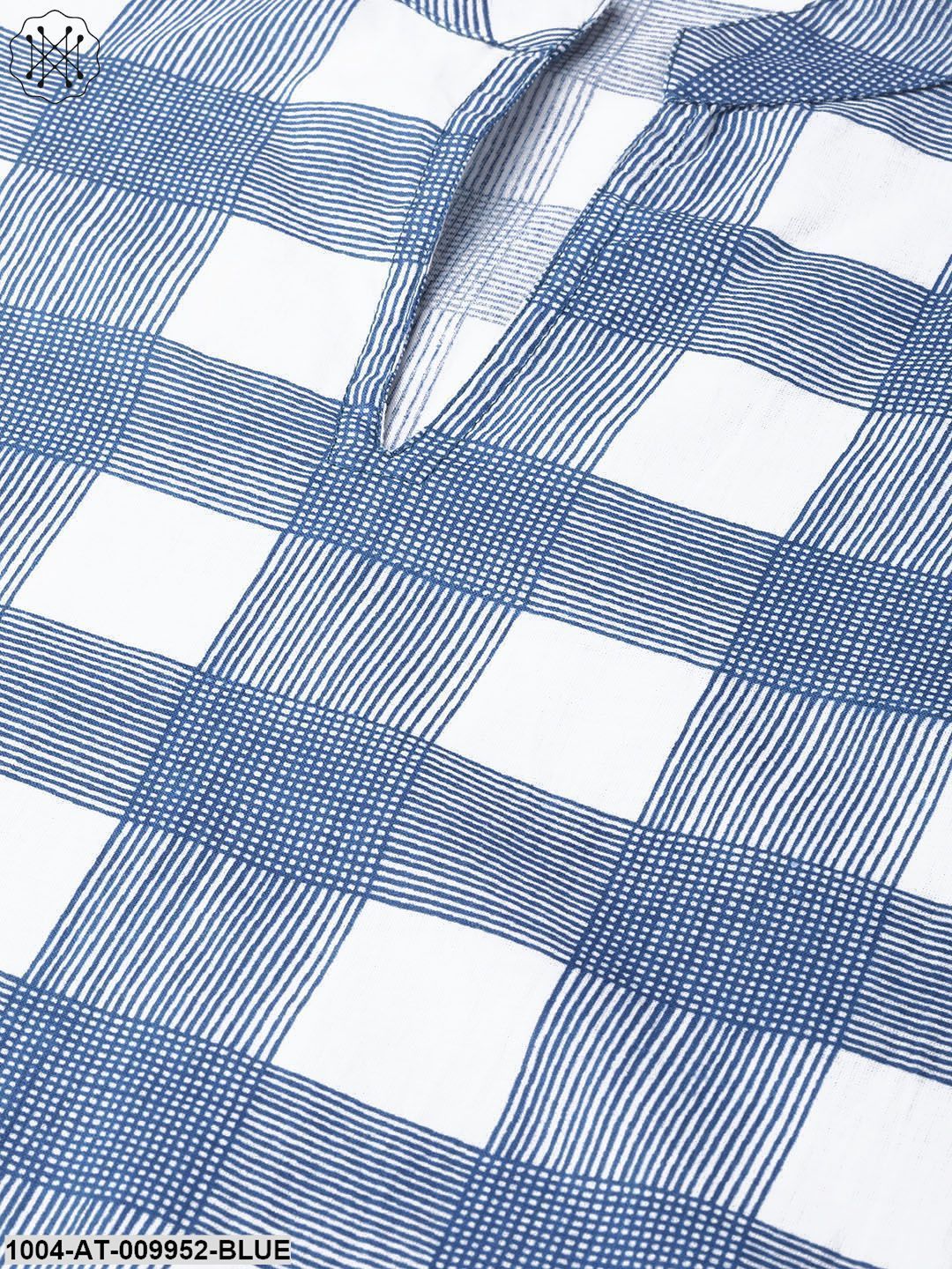 Women White & Blue Cotton Straight Checked Checked Kurta - Image 5