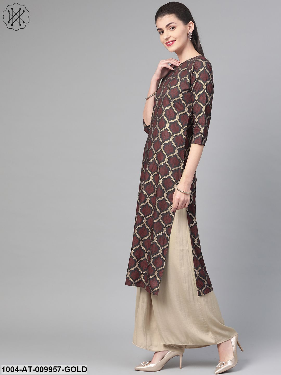 Women Olive & Gold Cotton Straight Geometric Printed Kurta - Image 4