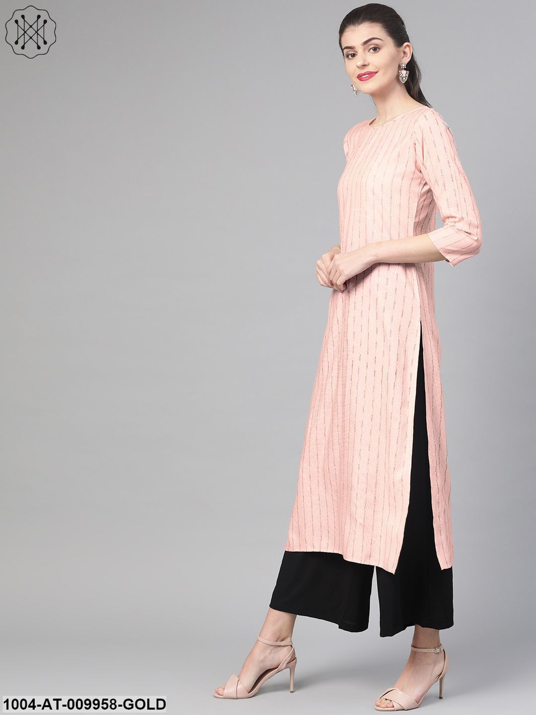 Women Red & Gold Cotton Straight Striped Striped Kurta - Image 4