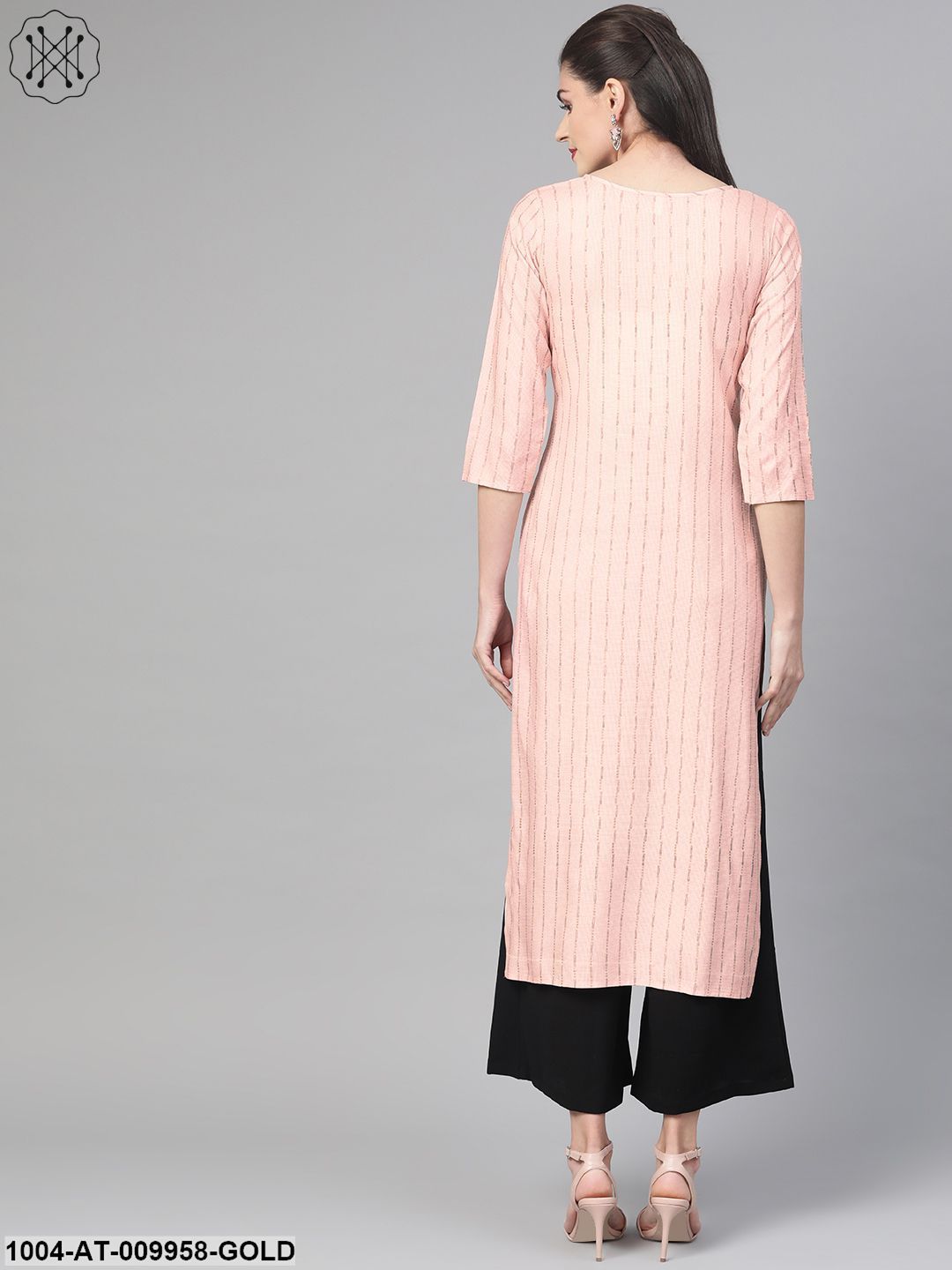 Women Red & Gold Cotton Straight Striped Striped Kurta - Image 3
