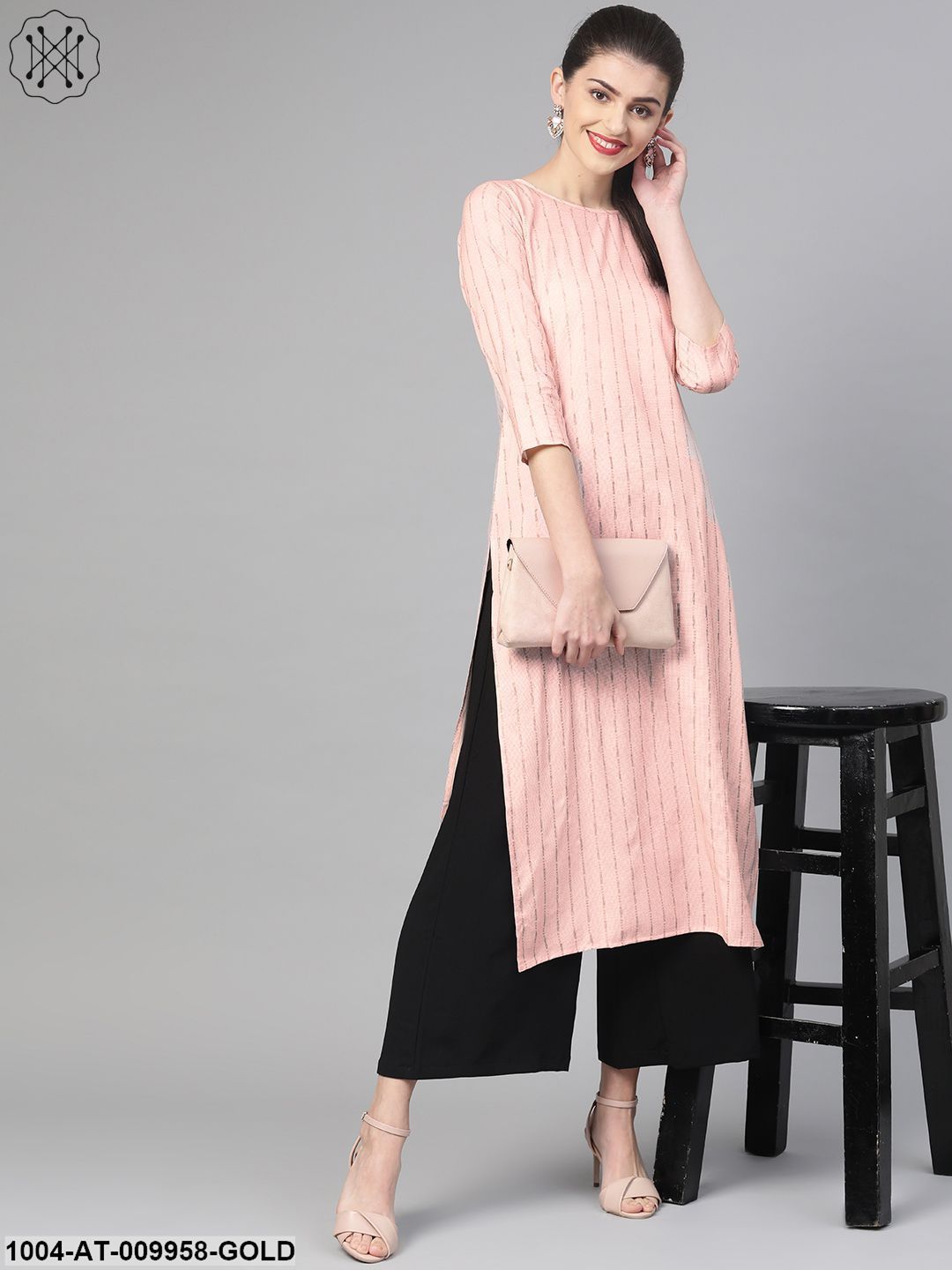 Women Red & Gold Cotton Straight Striped Striped Kurta - Image 2
