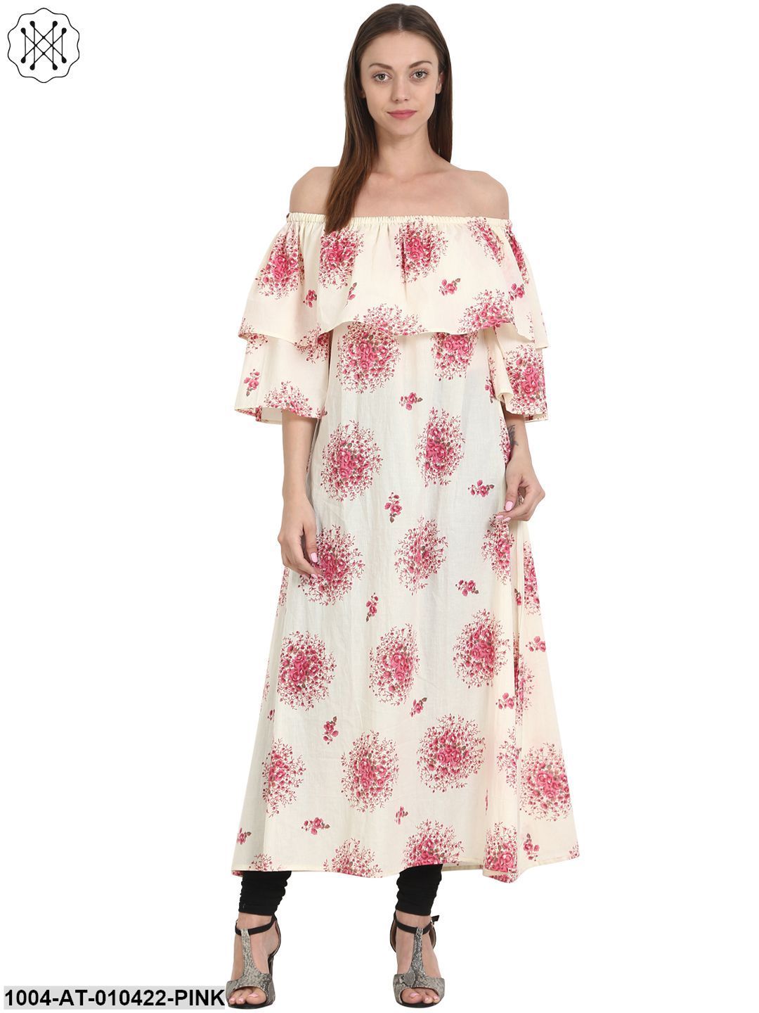 Women Printed Pink Short Sleeves Cowl Neck Cotton A-Line Kurta - Image 3