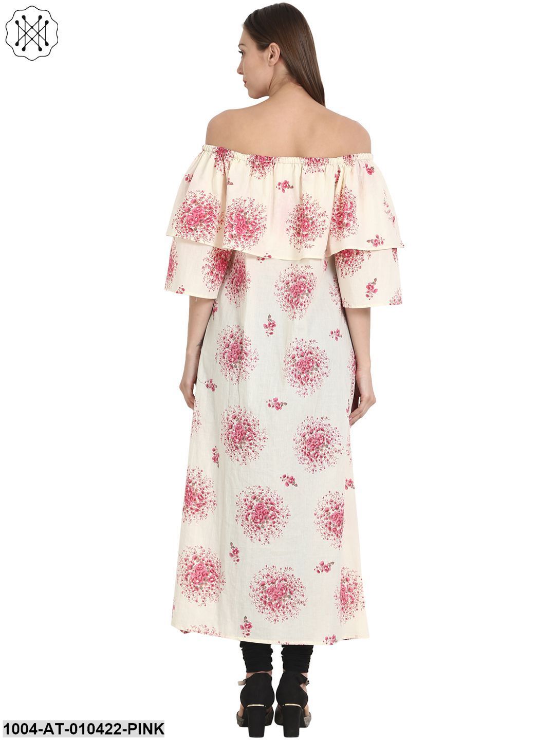 Women Printed Pink Short Sleeves Cowl Neck Cotton A-Line Kurta - Image 2